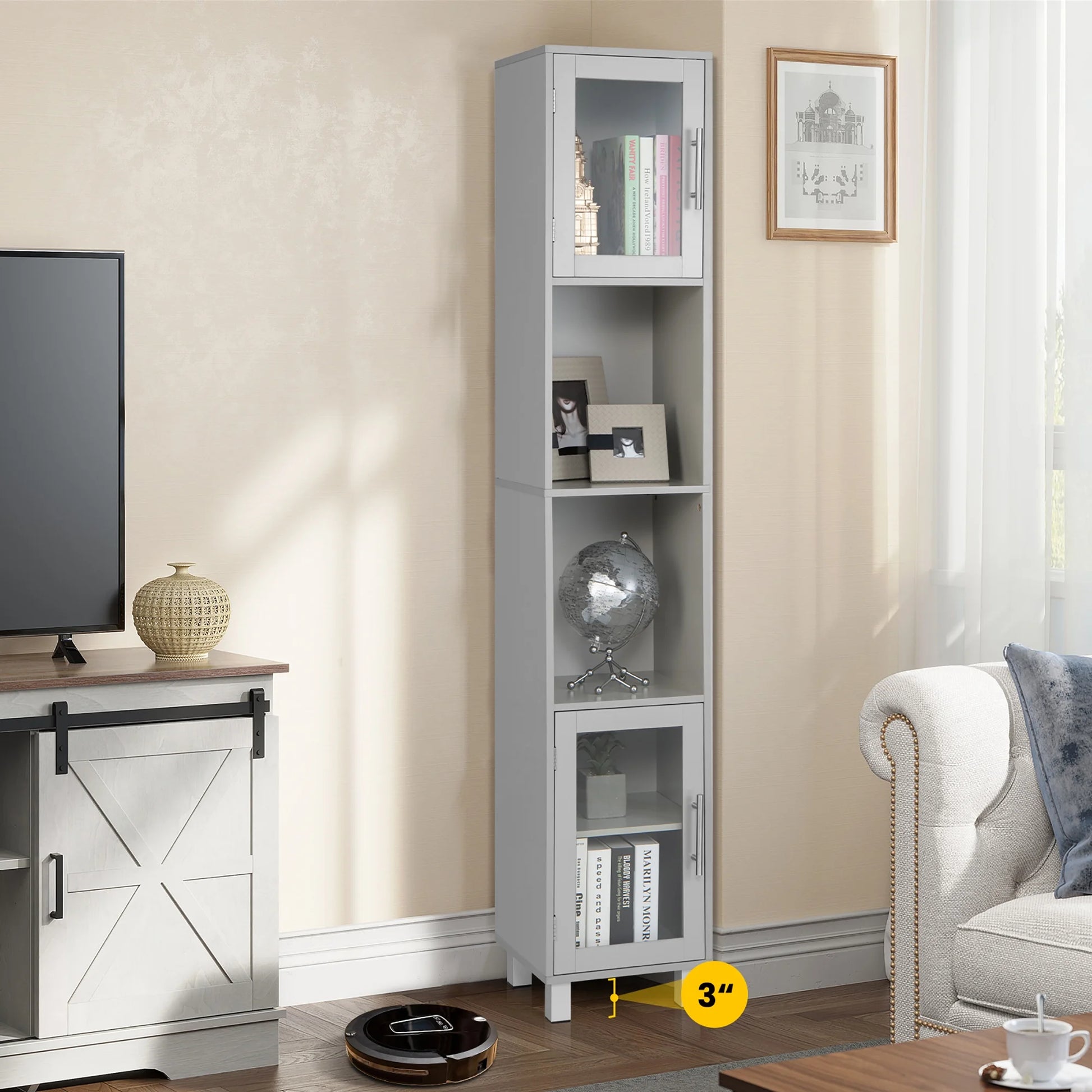 Costway 71'' Tall Tower Bathroom Storage Cabinet Organizer Display Shelves Bedroom Grey