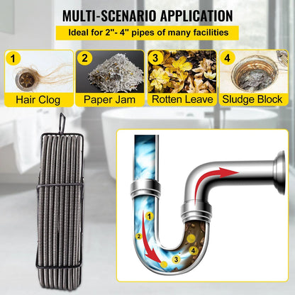 1/2 x 100ft Solid Drain Spiral Cable - Heavy Duty Serpentine Pipe for Kitchen/Bathroom Sink Clogged, Sewer Cleaning Tool