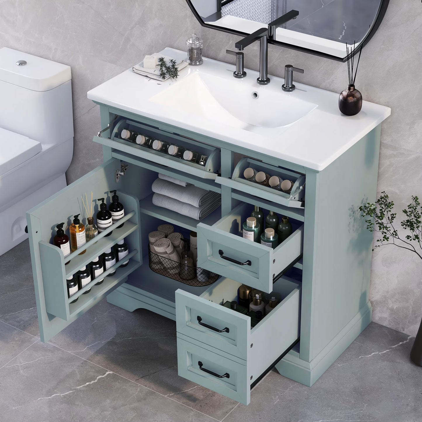Christopher Knight Home 36" Bathroom Vanity with Sink, Tip-out Drawers, Soft-Close Doors, Grey
