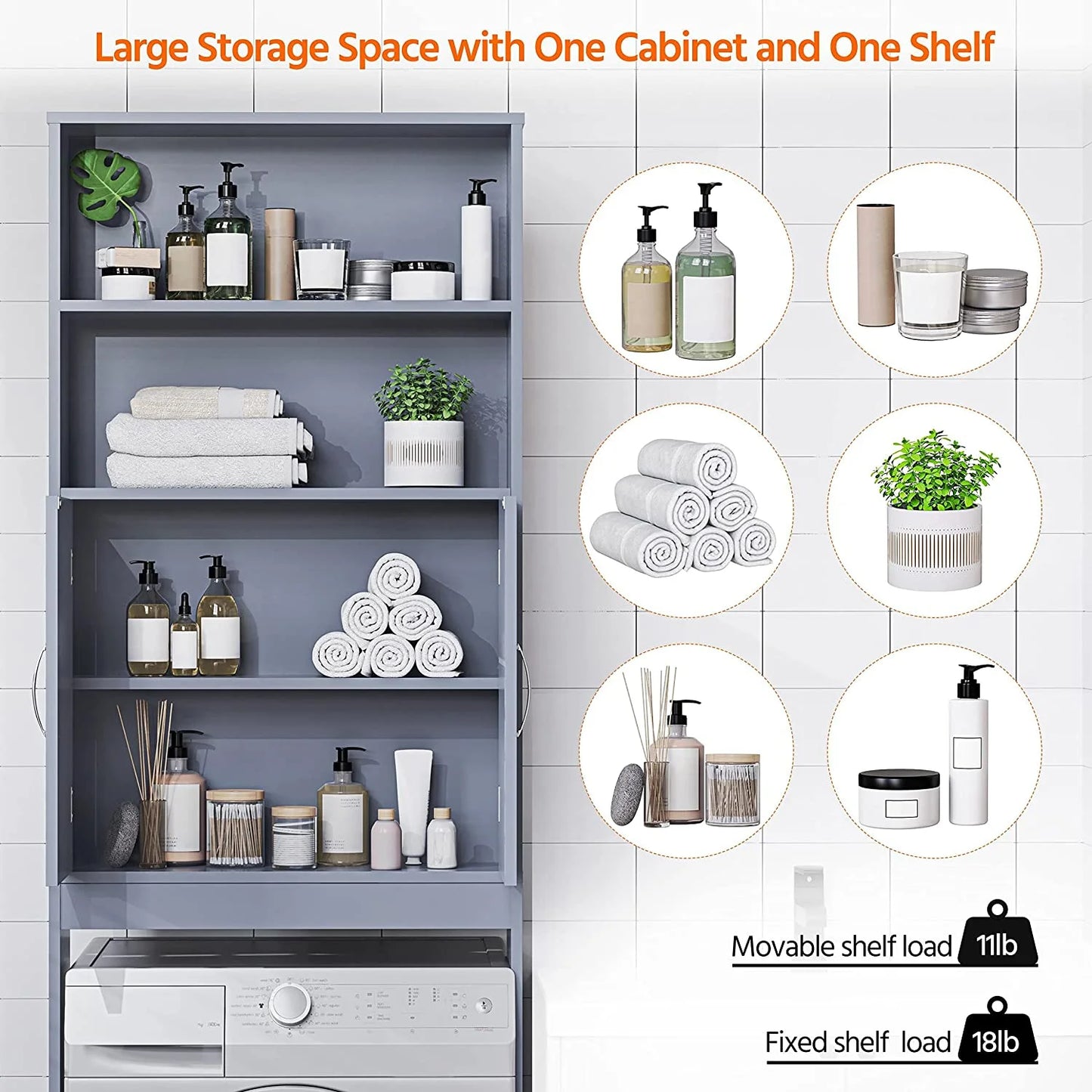 Tumis Over The Toilet Storage, Taller Bathroom Organizer Space-Saving Storage Cabinet with Adjustable Shelves and Double Doors, 77 in H, Grey