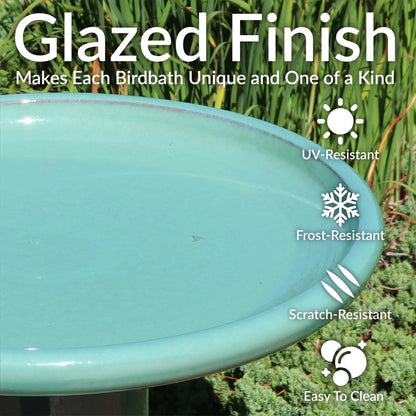 Sunnydaze Classic Freestanding Ceramic Outdoor Bird Bath, UV-Resistant Seafoam Finish