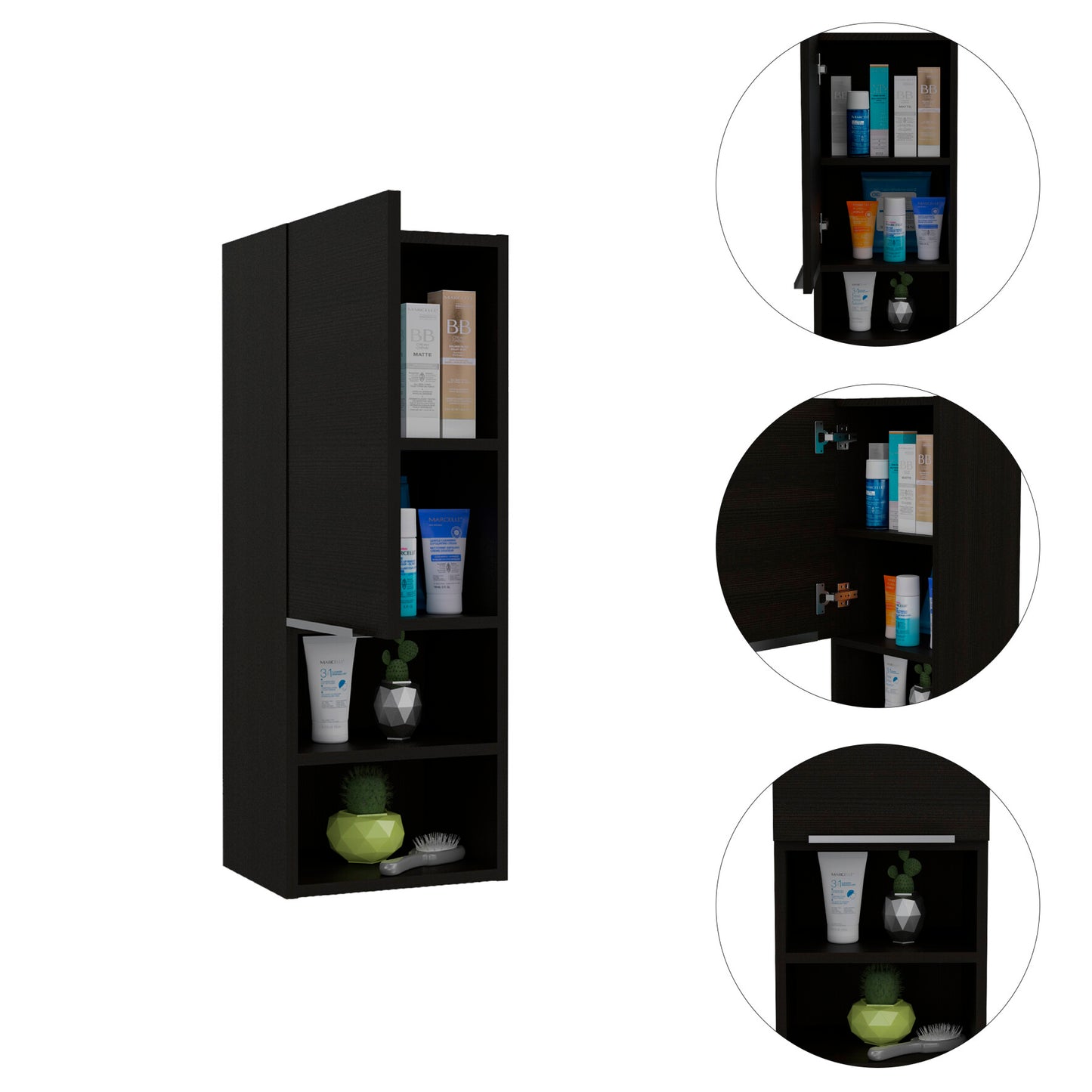 Particle Board Medicine Cabinet with 1 Doors and 2 Semi-open Shelves, Wall Cabinet for Bedroom,Living Room and Bathroom, Black