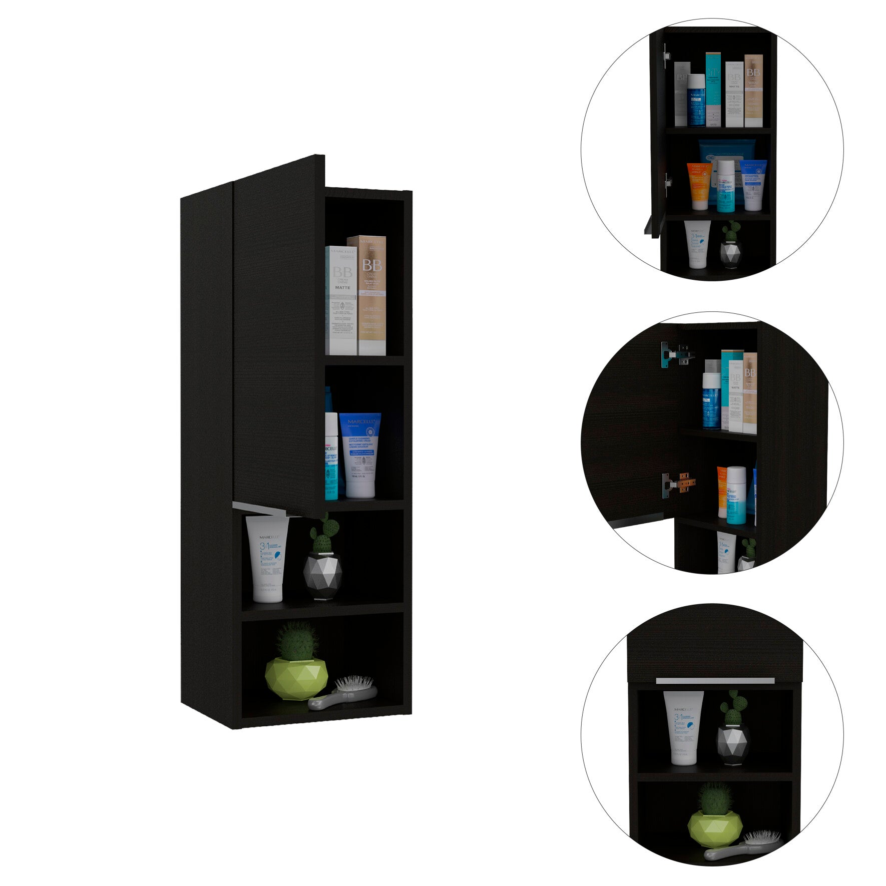 Particle Board Medicine Cabinet with 1 Doors and 2 Semi-open Shelves, Wall Cabinet for Bedroom,Living Room and Bathroom, Black