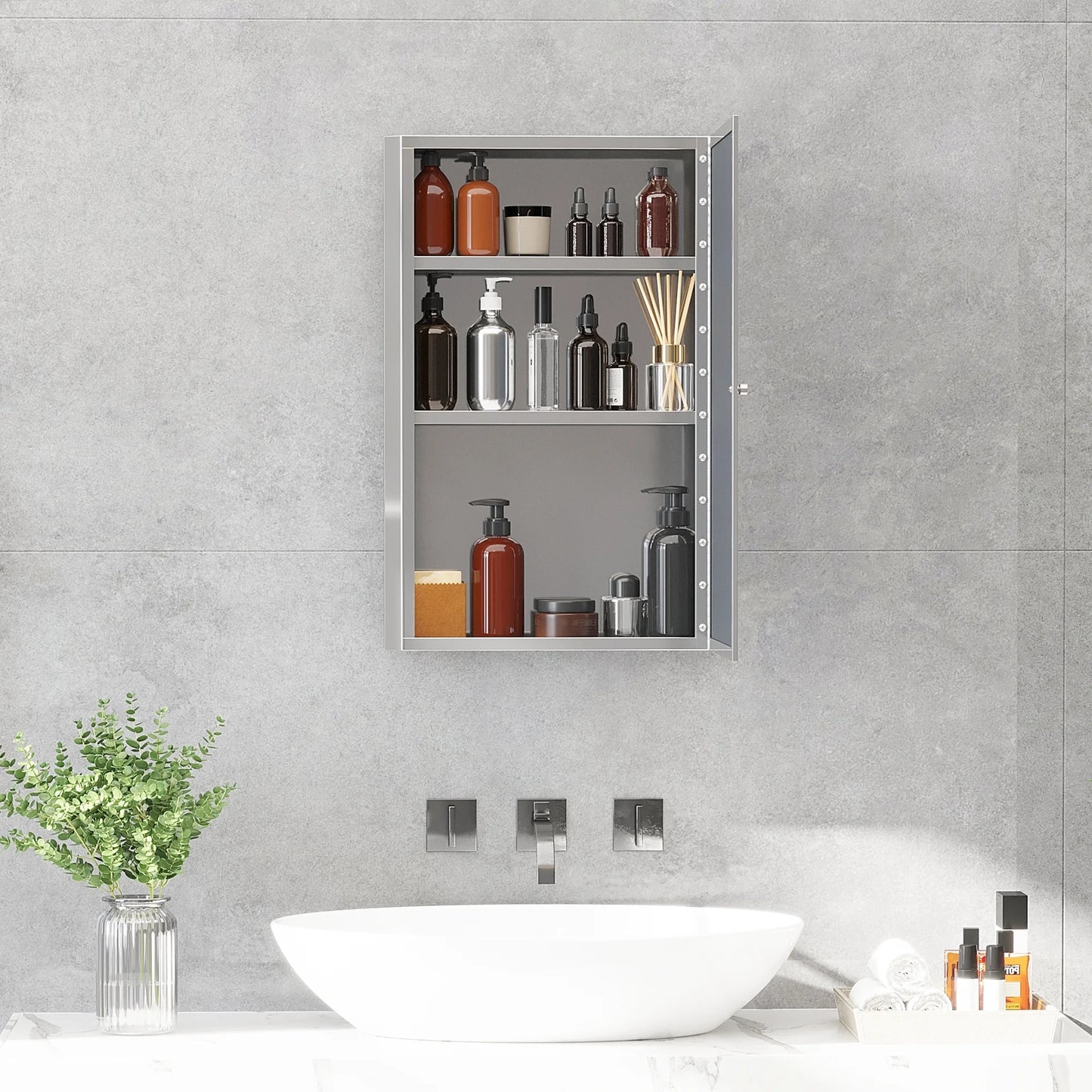 Bathroom Mirrored Cabinet, Vertical 16" x 24" Stainless Steel Frame Medicine Cabinet, Wall-Mounted Storage Organizer with Single Door​