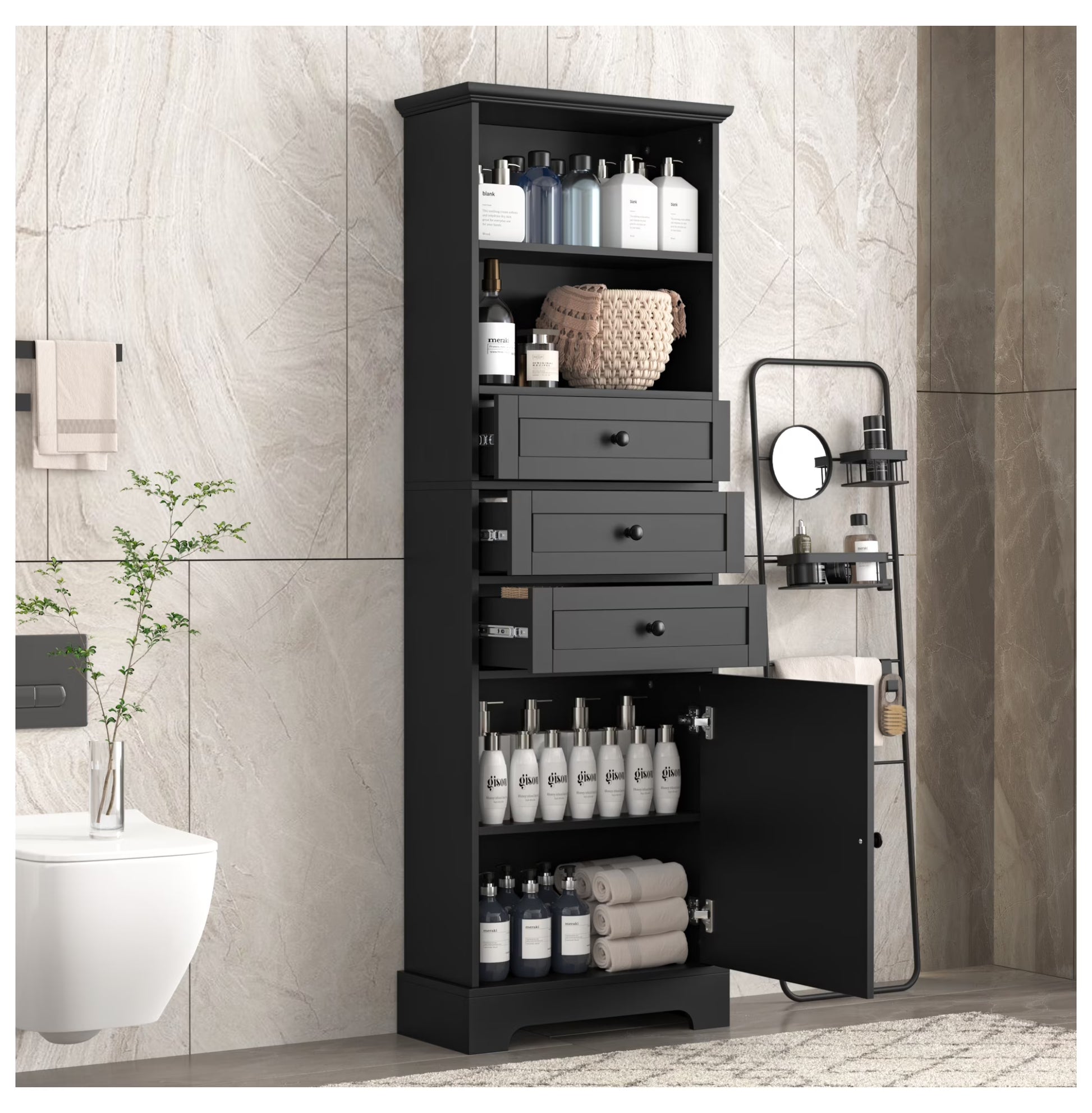 Black Tall Storage Cabinet with 3 Drawers and Adjustable Shelves for Bathroom, Study, Office and Interior, MDF Board with Painted Finish Black + MDF