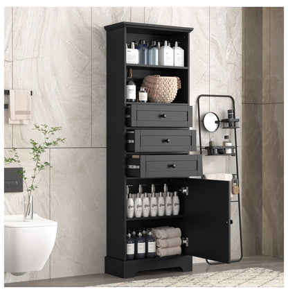 Black Tall Storage Cabinet with 3 Drawers and Adjustable Shelves for Bathroom, Study, Office and Interior, MDF Board with Painted Finish Black + MDF