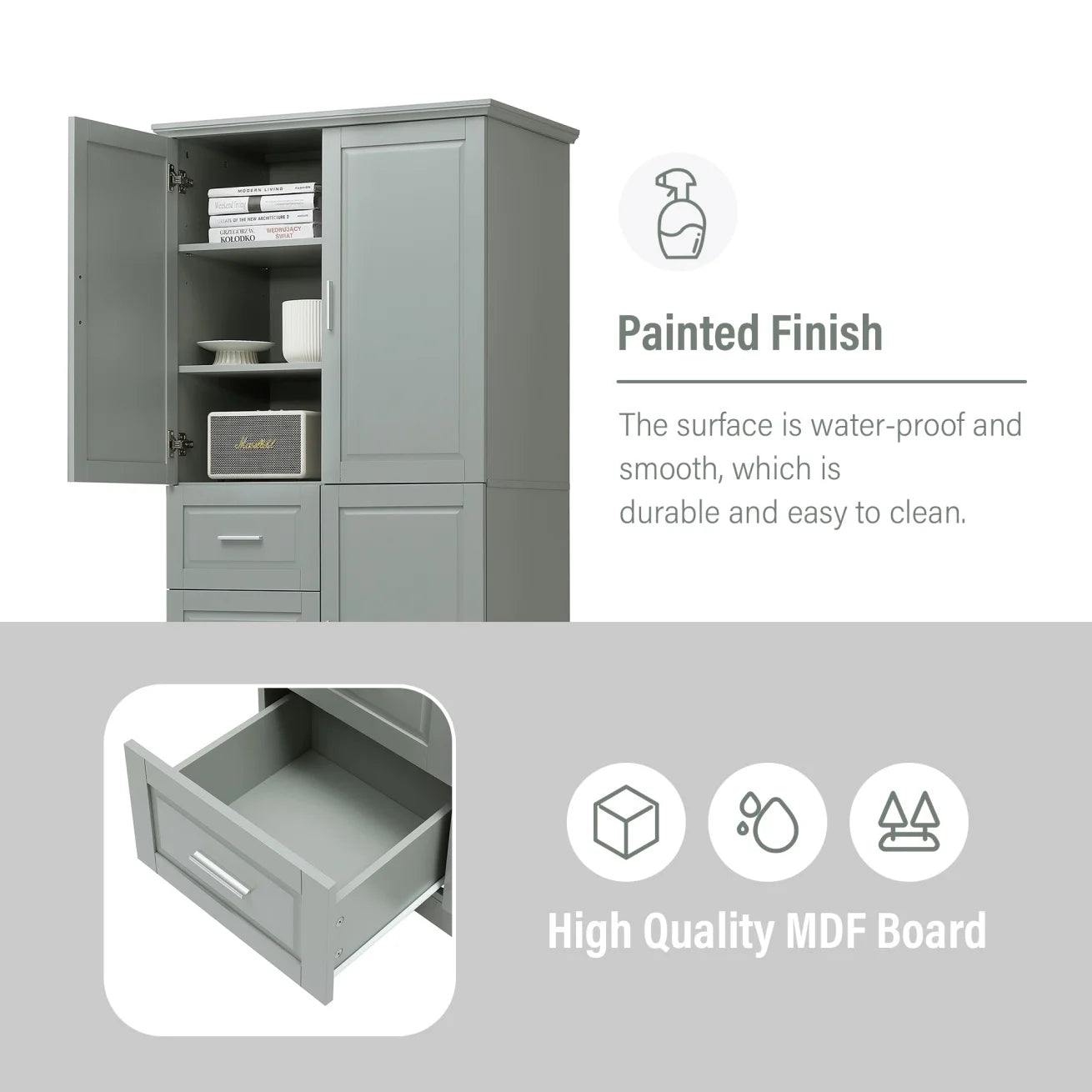 Bathroom Cabinet, 62.2" Tall Storage Cabinet with Doors and Shelves, Freestanding Linen Closet for Bathroom, Kitchen, Living Room, Grey