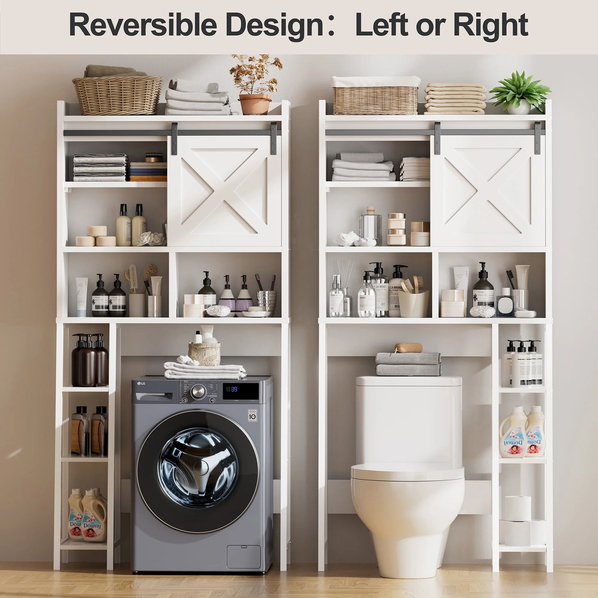 Walsunny Over the Toilet Storage Cabinet with Side Shelves Sliding Door Wooden Shelf Organizer for Restroom Bathroom Laundry,Walnut