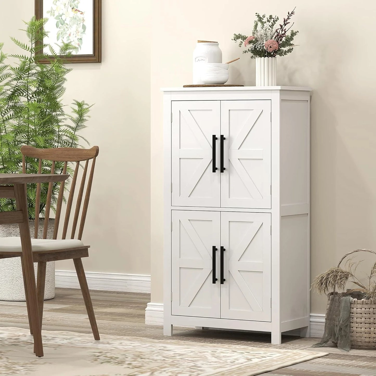 ZIRAV Farmhouse Bathroom Storage Cabinet with 4 Barn Doors, Bathroom Floor Cabinet with 2 Adjustable Shelf, Freestanding Storage Cupboard, White