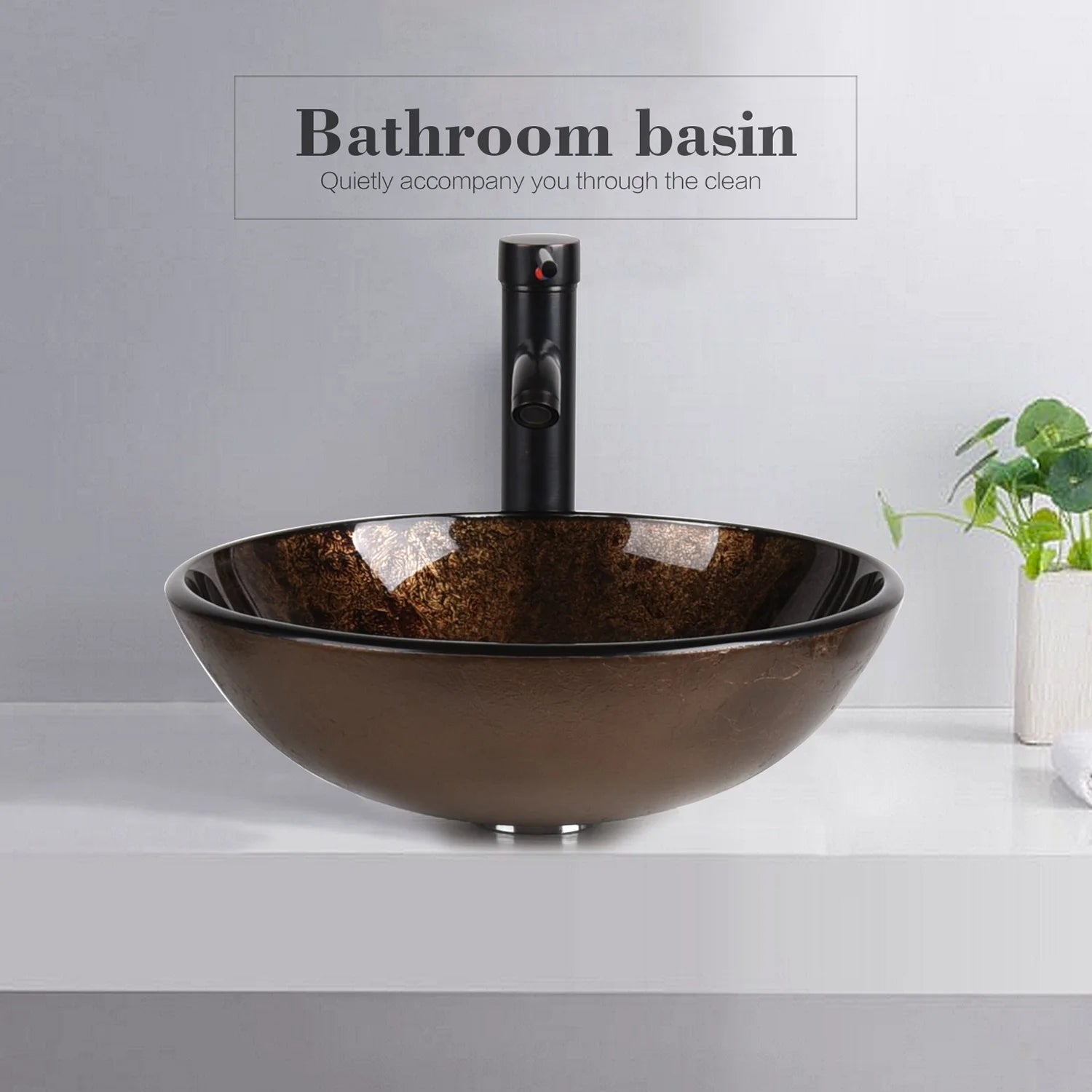 PULUOMIS Vessel Sink and Faucet Combo Bath Sinks with Mounting Ring and Pop Up Drain Round Bowl Basin Brown
