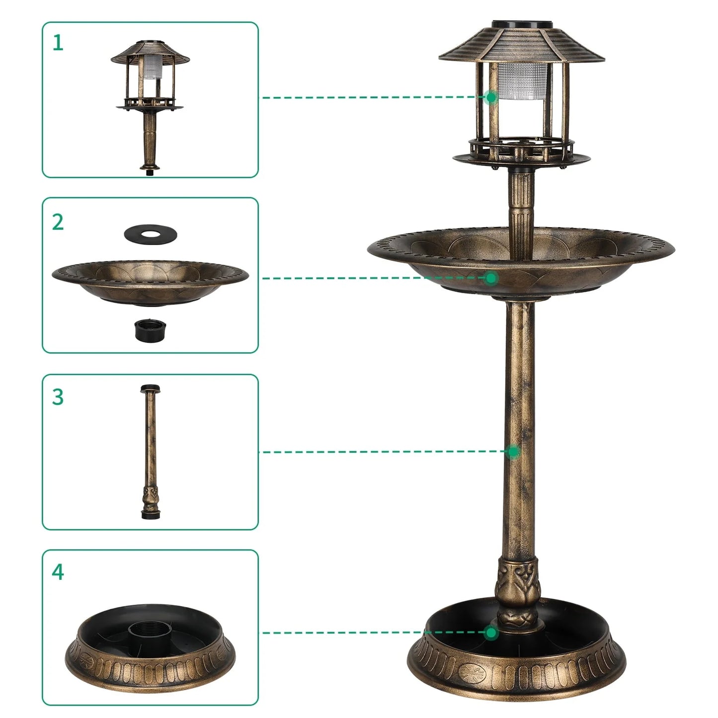 GoDecor Bird Bath Pedestal Birdbaths Brown 42 Inch Bird Bath with Solar Light