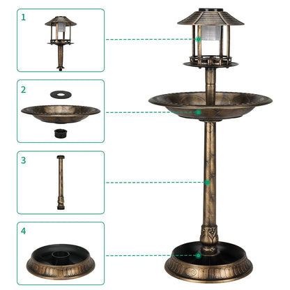GoDecor Bird Bath Pedestal Birdbaths Brown 42 Inch Bird Bath with Solar Light