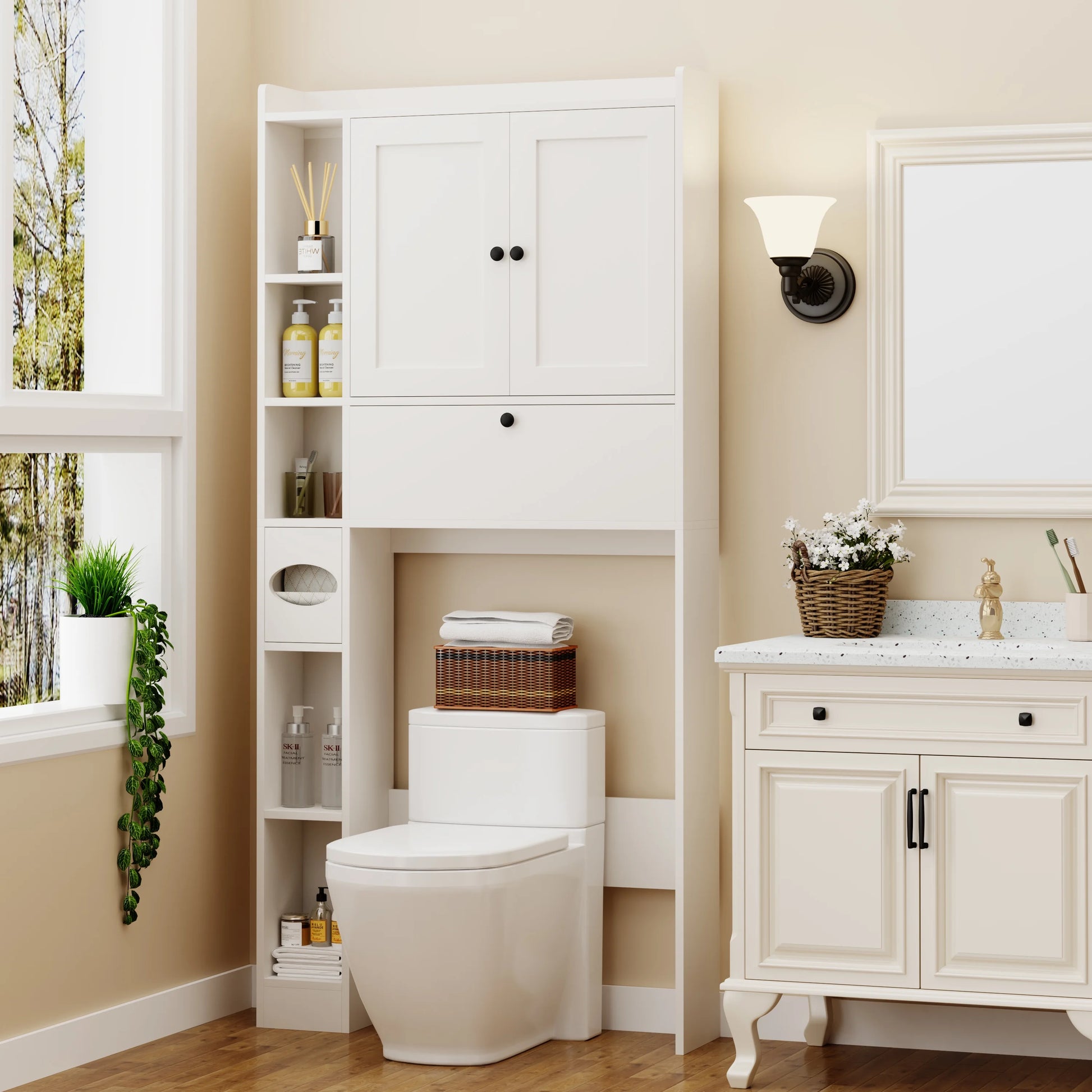 Apeaka Over The Toilet Storage Cabinet,Bathroom Storage Cabinet with Wooden Doors,Bathroom Organizer Over-The-Toilet Cabinet(White)