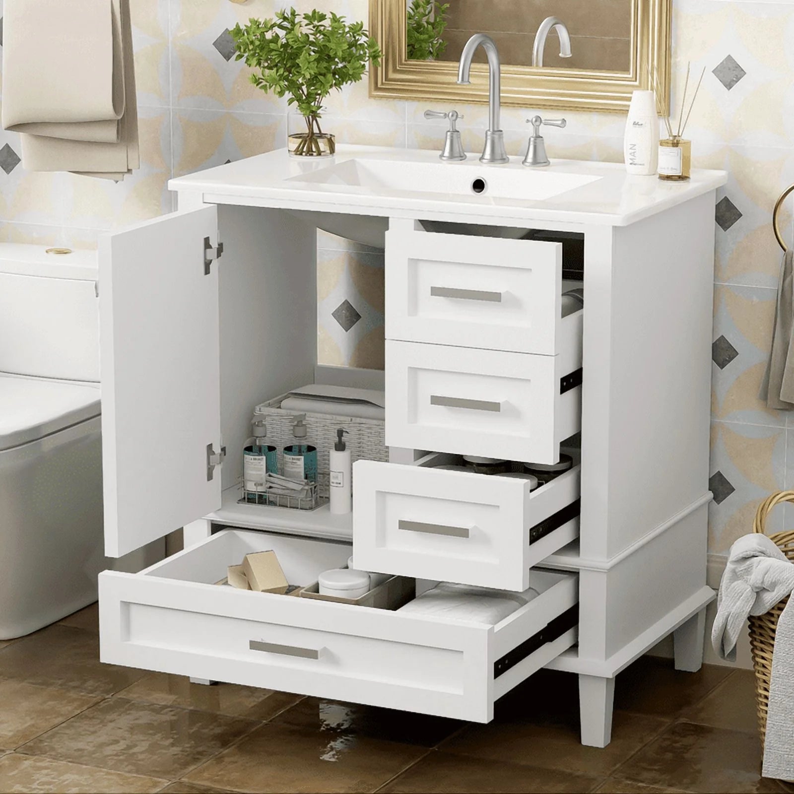 Bellemave 30" Bathroom Vanity with Sink, Cabinet with Sink Combo Set with Top, Bathroom Storage Cabinet with 3 Drawers and 1 Soft Closing Door, 30 Inch Vanity with Sink for Bathroom（White）