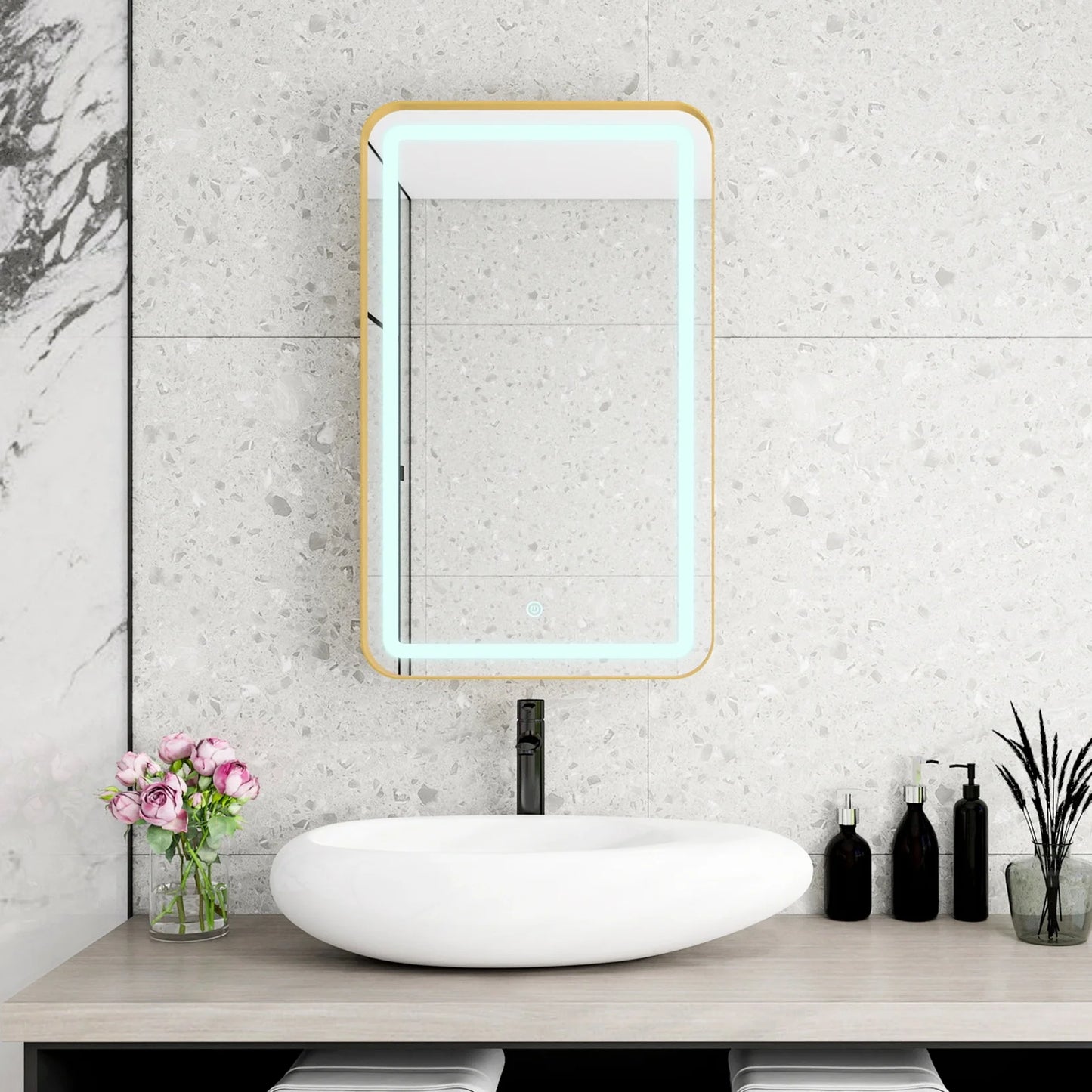 21x34 Inch Gold Medicine Cabinet with LED Mirror, Wall Mounted Bathroom Storage with Adjustable Glass Shelves, Recessed or Surface Mount Design