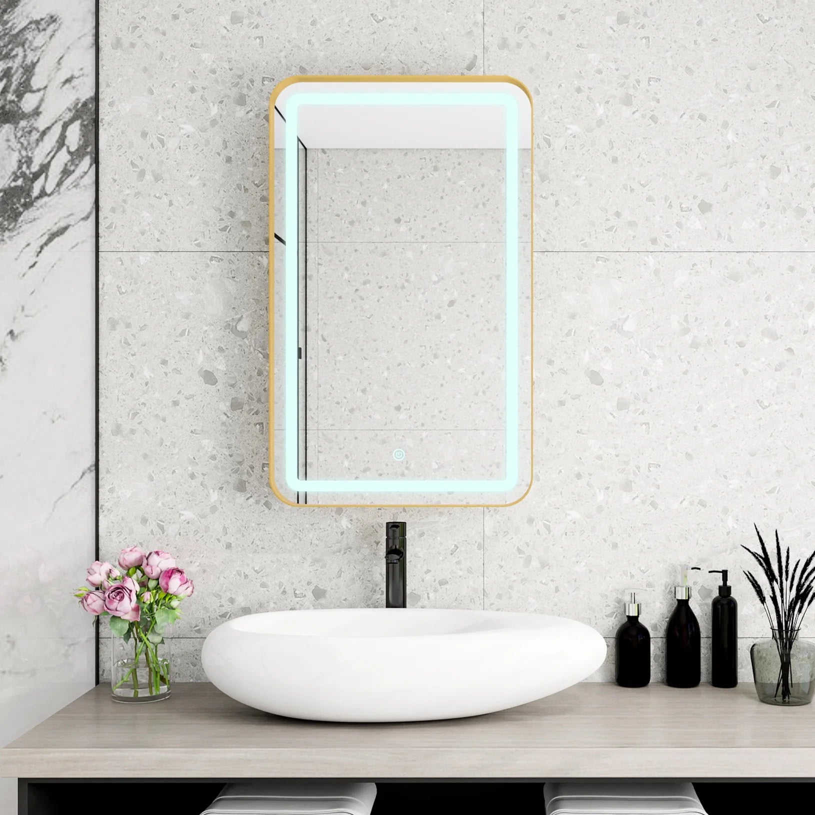 21x34 Inch Gold Medicine Cabinet with LED Mirror, Wall Mounted Bathroom Storage with Adjustable Glass Shelves, Recessed or Surface Mount Design