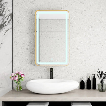 21x34 Inch Gold Medicine Cabinet with LED Mirror, Wall Mounted Bathroom Storage with Adjustable Glass Shelves, Recessed or Surface Mount Design