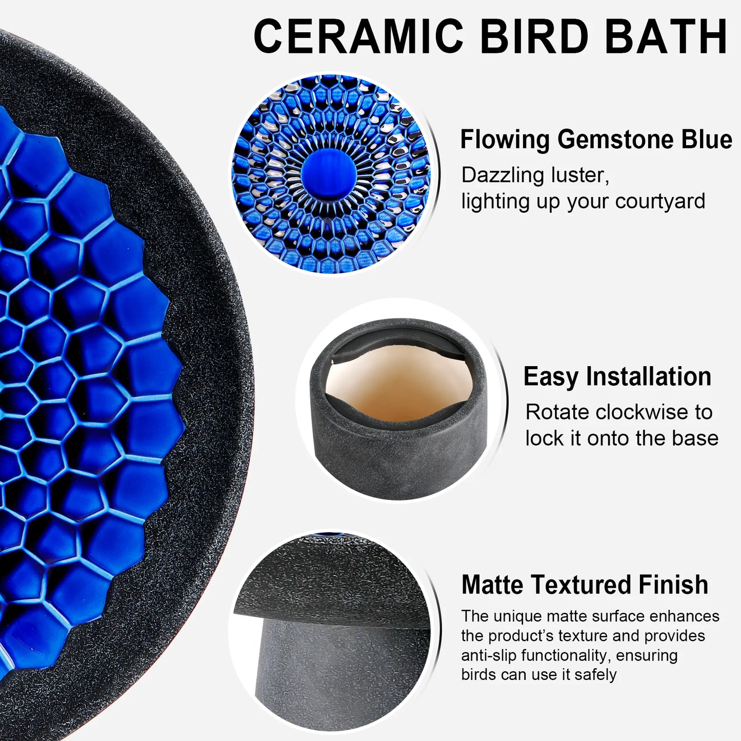 BUYMAX Tall Ceramic Bird Bath for Garden, UV-Resistant, Diamond Blue Grey