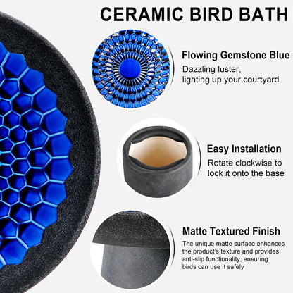 BUYMAX Tall Ceramic Bird Bath for Garden, UV-Resistant, Diamond Blue Grey