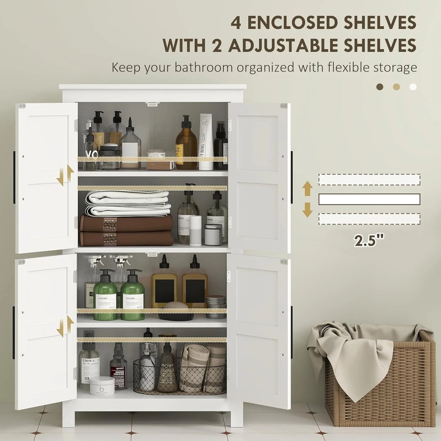 ZIRAV Farmhouse Bathroom Storage Cabinet with 4 Barn Doors, Bathroom Floor Cabinet with 2 Adjustable Shelf, Freestanding Storage Cupboard, White