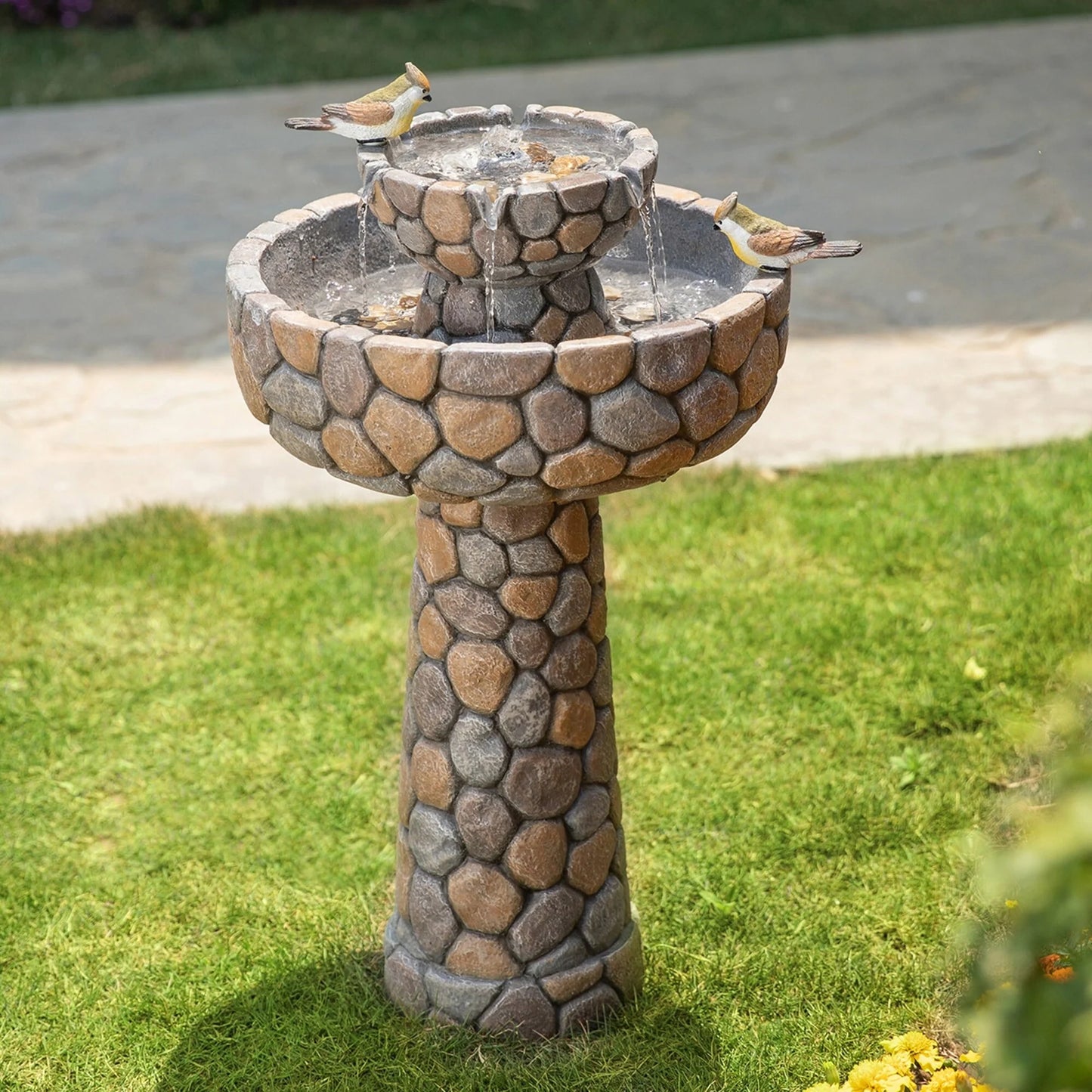 Glitzhome 2-Tier Stone-Style Outdoor Birdbath Fountain with Pump