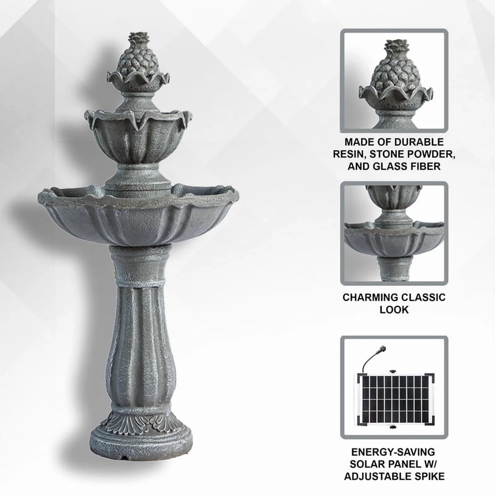 XBrand 36.2" 2-Tier Outdoor Freestanding Solar Water Fountain - Classic Design, Grey Resin Bird Bath with Pump - Ideal for Yard, Lawn and Garden, Porch D��cor