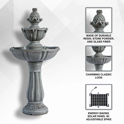 XBrand 36.2" 2-Tier Outdoor Freestanding Solar Water Fountain - Classic Design, Grey Resin Bird Bath with Pump - Ideal for Yard, Lawn and Garden, Porch D��cor