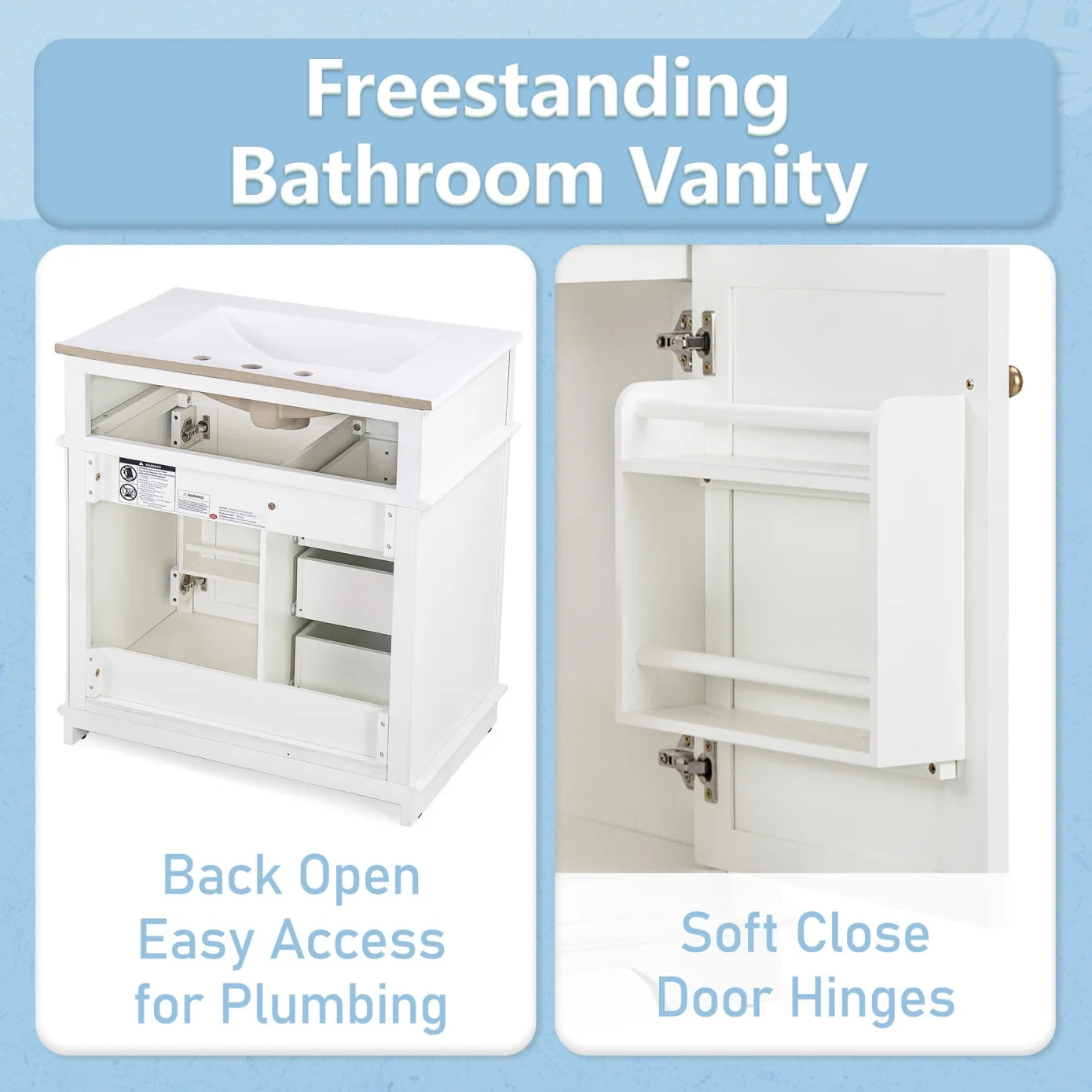 30 Inch Bathroom Vanity with Sink Combo, Solid Wood Frame Bathroom Vanities with 3 Drawers and 1 Tip-out Drawer & Soft Closing Doors, Modern Bathroom Sink Cabinet with Undermount Sink (White)