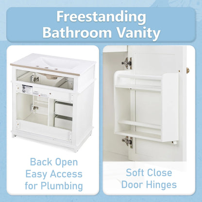 30 Inch Bathroom Vanity with Sink Combo, Solid Wood Frame Bathroom Vanities with 3 Drawers and 1 Tip-out Drawer & Soft Closing Doors, Modern Bathroom Sink Cabinet with Undermount Sink (White)