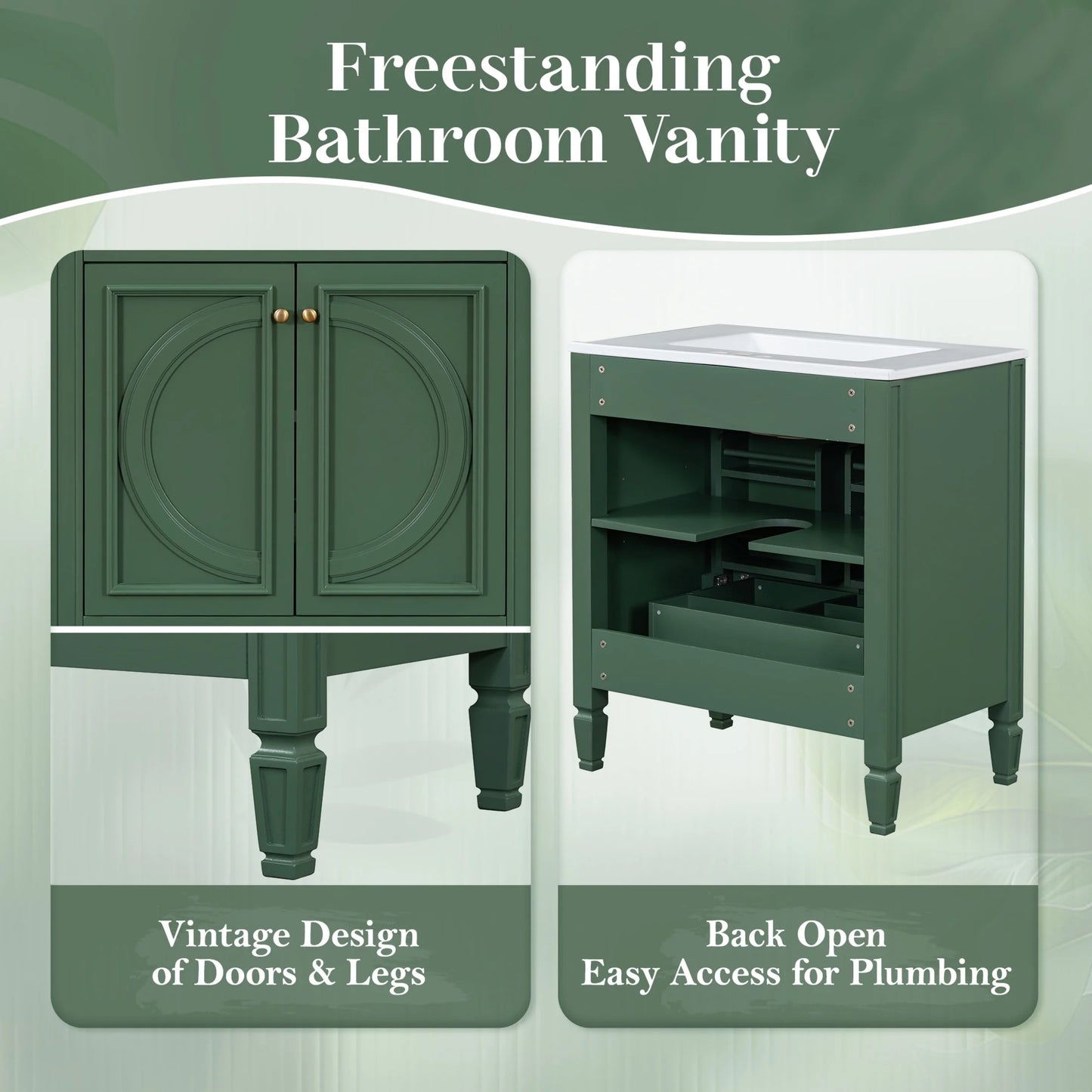 GDF Studio Vintage 30" Bathroom Vanity with Ceramic Sink, Soft-Close Door, and Ample Storage, Green
