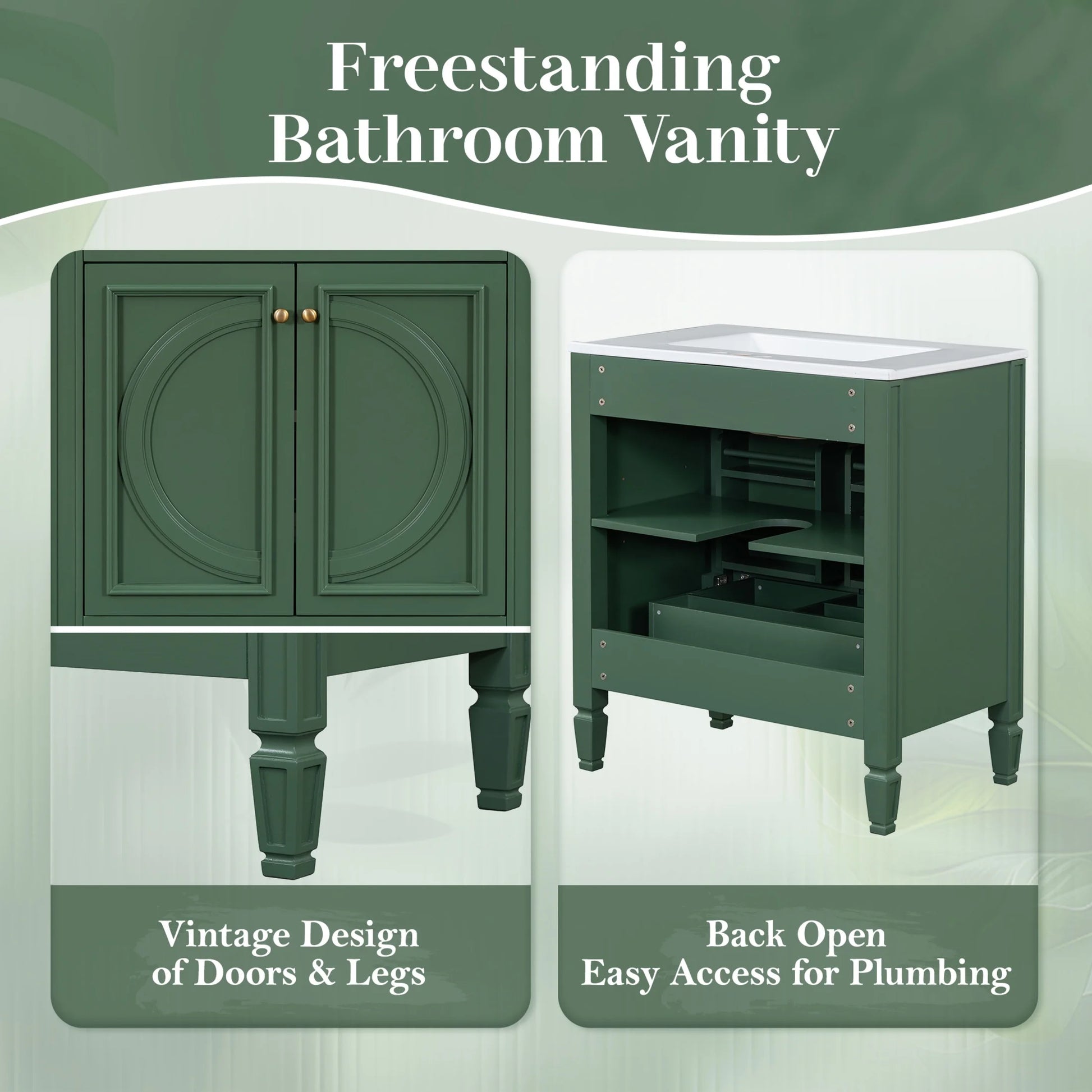 GDF Studio Vintage 30" Bathroom Vanity with Ceramic Sink, Soft-Close Door, and Ample Storage, Green