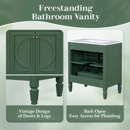 GDF Studio Vintage 30" Bathroom Vanity with Ceramic Sink, Soft-Close Door, and Ample Storage, Green