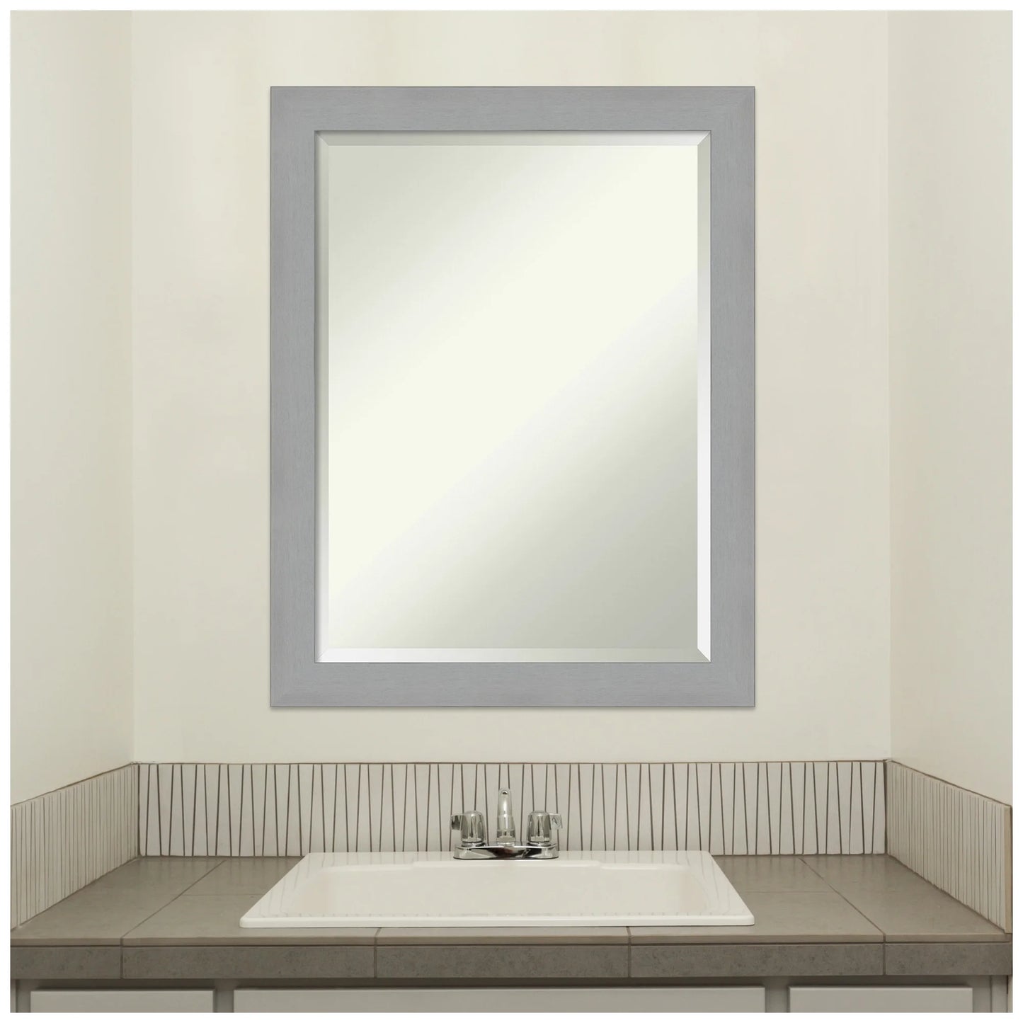Brushed Nickel Beveled Wood Bathroom Wall Mirror