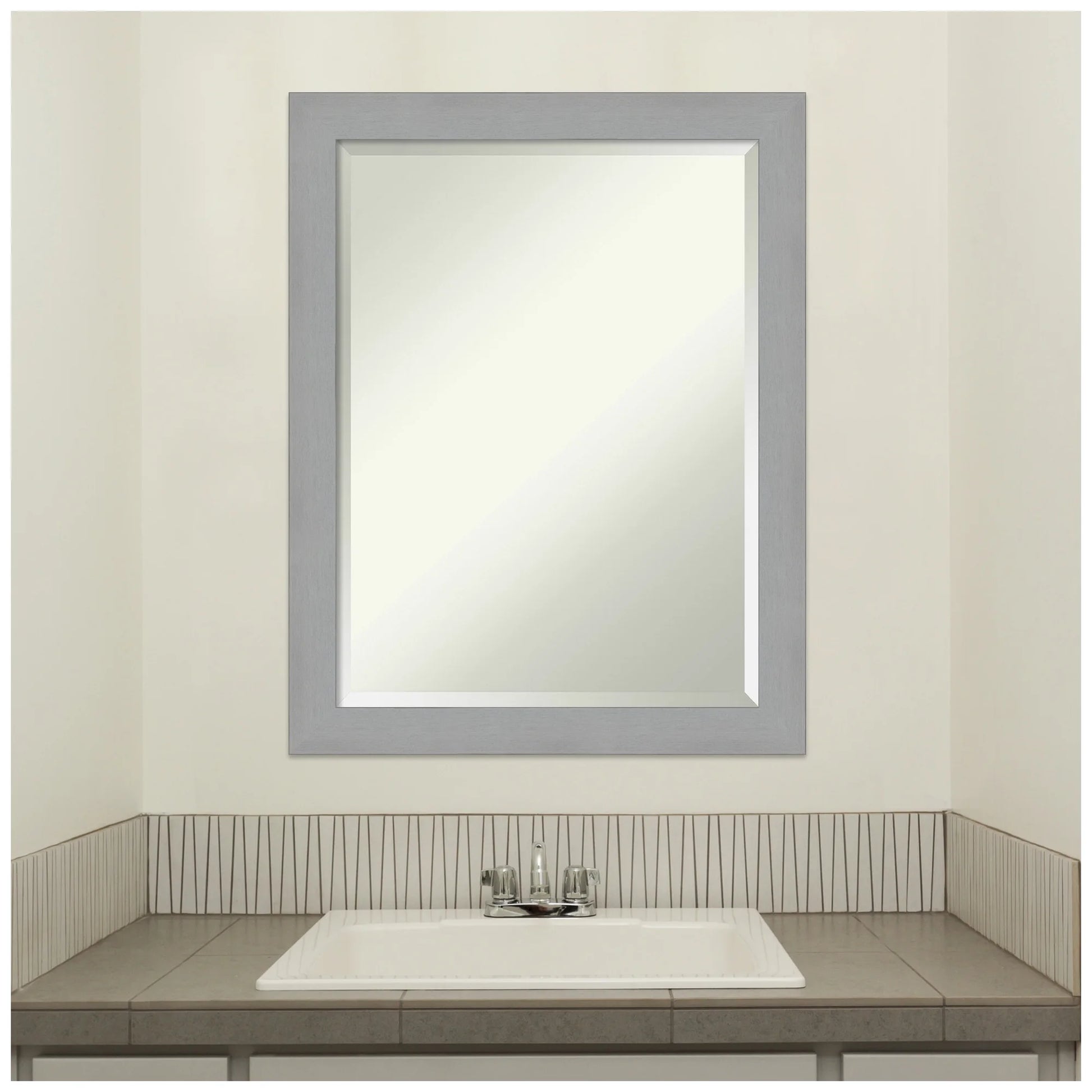 Brushed Nickel Beveled Wood Bathroom Wall Mirror