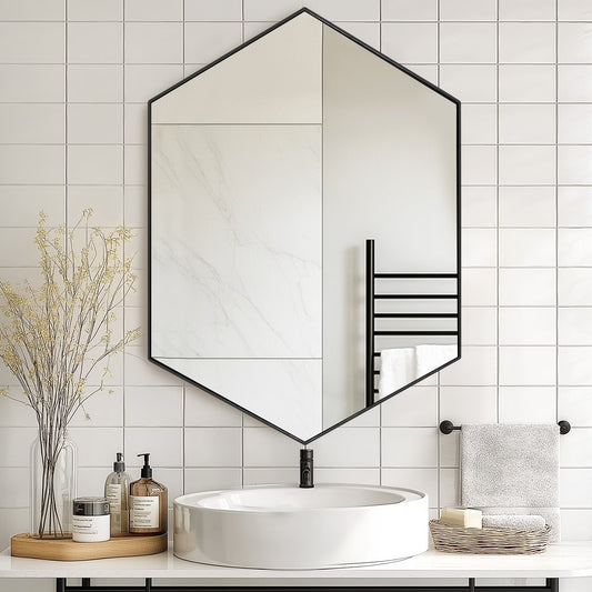 Soges Bathroom Medicine Cabinet with 3 Adjustable Storage Shelves, Wall Mounted Metal Frame, Recessed Mirror Cabinet Medicine Cabinet, Hexagonal Bathroom Mirror Cabinet, 24x34 Inches, Black