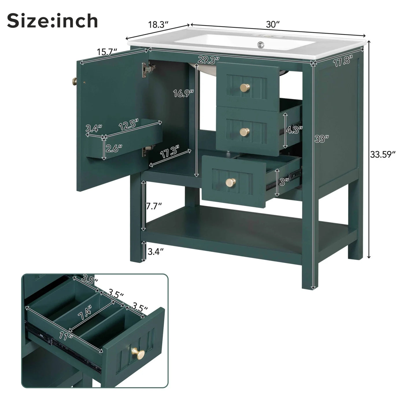 30" Transitional Green Bathroom Vanity with Sink Combo, Solid Wood Storage Cabinet featuring Soft Close Doors & 2 Drawers, Open Shelf, Waterproof Design & Easy Assembly for Modern Bathrooms