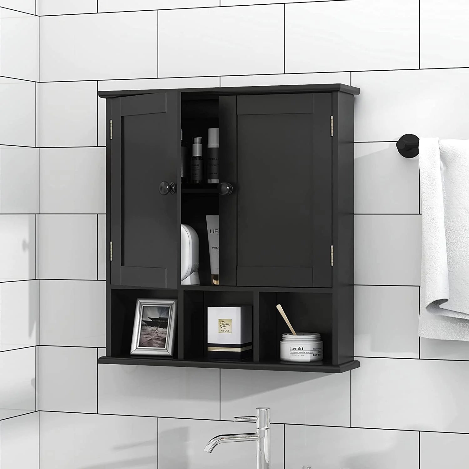 Black Bathroom Cabinet, Wall Mounted 2 Door Storage With Adjustable Shelves, Over The Toilet Medicine Cabinet for Laundry Room Kitchen