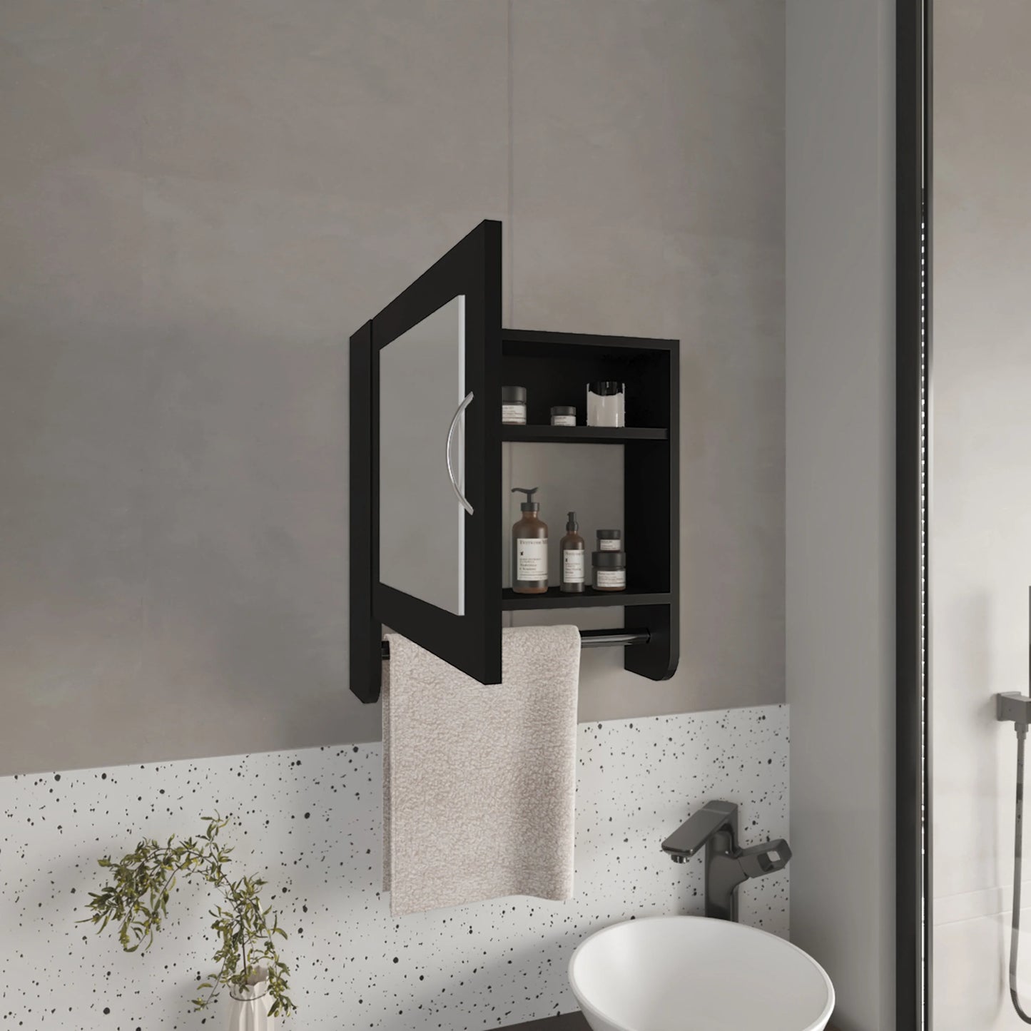 Medicine Cabinet 19.70" H,With 1 Door,2 Shelves,1 Mirror,Black,Black Engineered Wood Bath Faucets Bathroom Storage