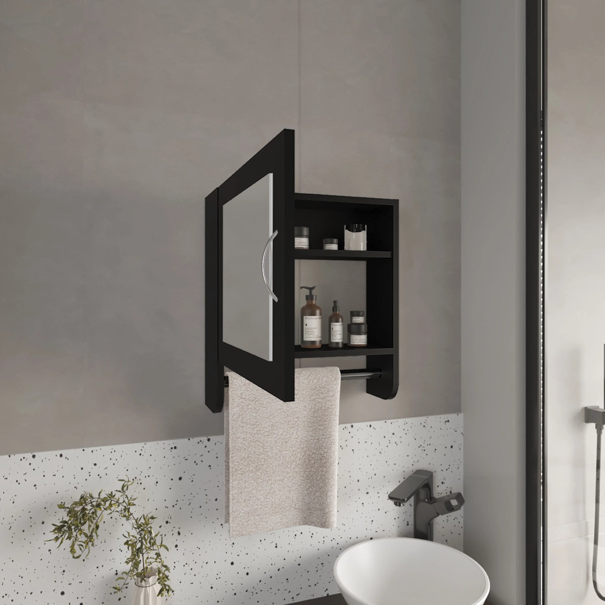 Medicine Cabinet 19.70" H,With 1 Door,2 Shelves,1 Mirror,Black,Black Engineered Wood Bath Faucets Bathroom Storage