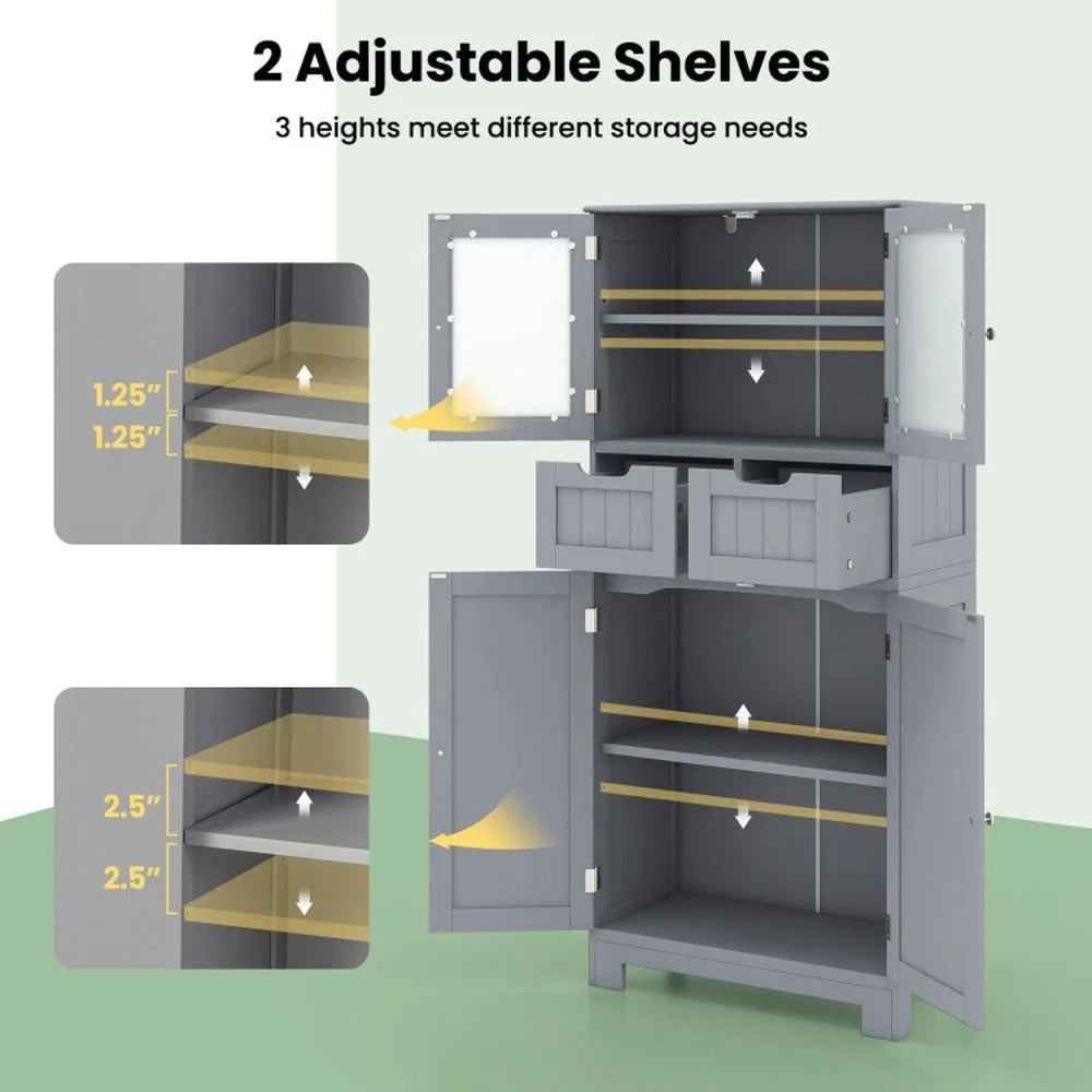 Resenkos 4 Door Freee-Standing Bathroom Cabinet with 2 Drawers and Glass Doors-Gray, Bathroom Cabinets for Entryway Storage, Home Office Furniture