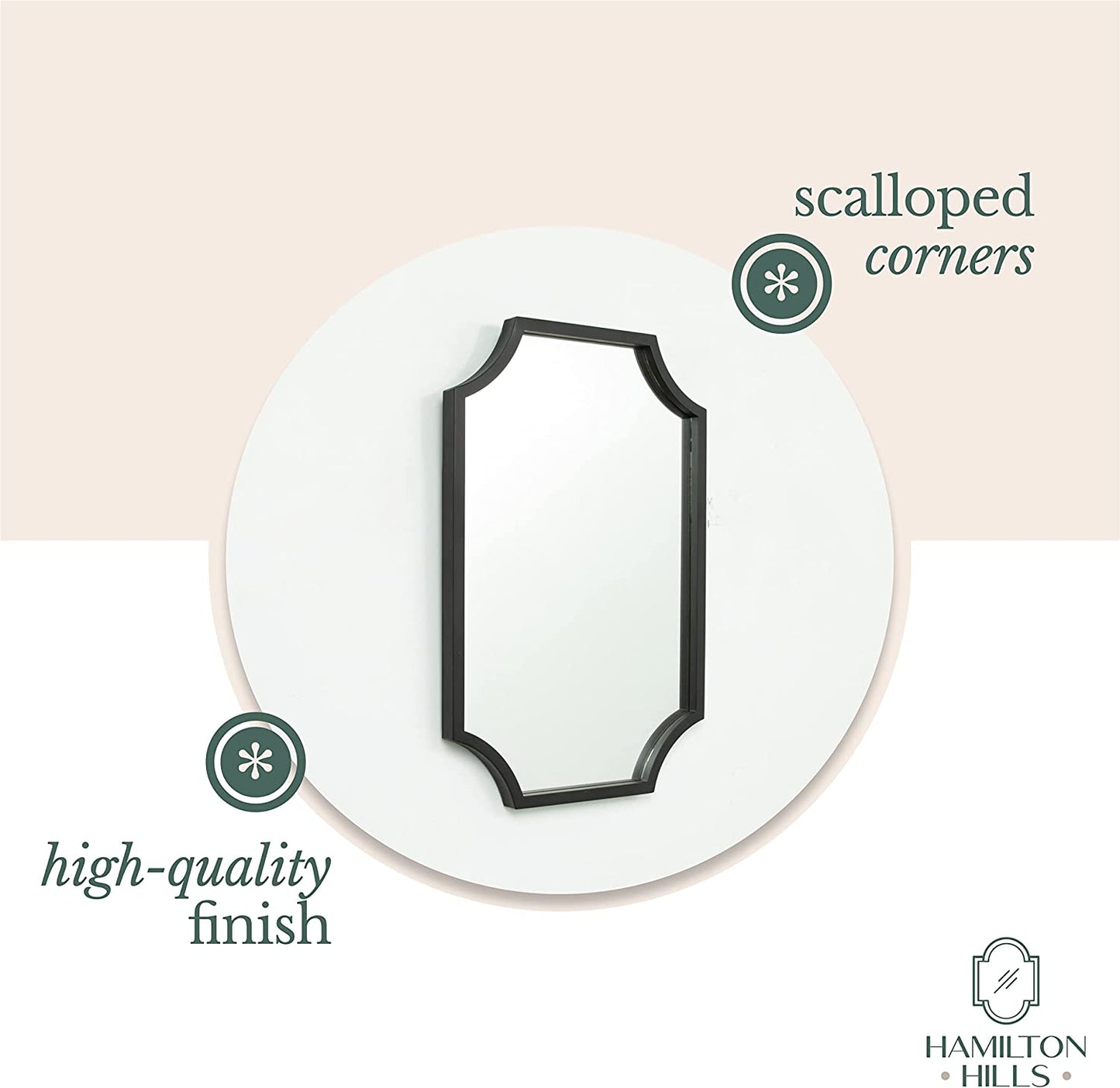 Hamilton Hills Black Metal Framed 16x24inch Scalloped Mirror | Decorative Wall Mirrors | Brass Bathroom Vanity Hanging | Horizontal & Vertical