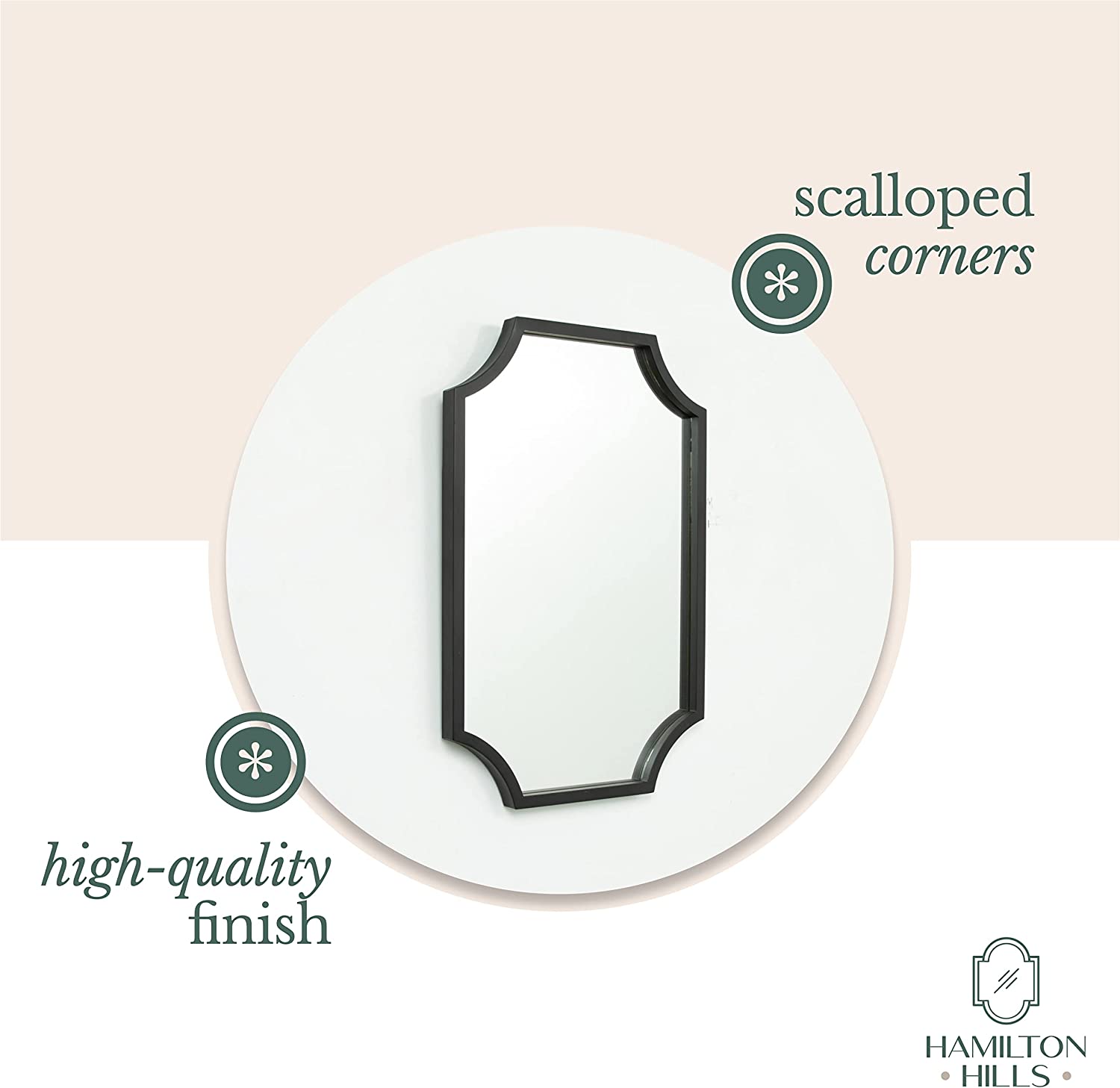 Hamilton Hills Black Metal Framed 16x24inch Scalloped Mirror | Decorative Wall Mirrors | Brass Bathroom Vanity Hanging | Horizontal & Vertical