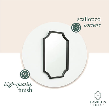 Hamilton Hills Black Metal Framed 16x24inch Scalloped Mirror | Decorative Wall Mirrors | Brass Bathroom Vanity Hanging | Horizontal & Vertical