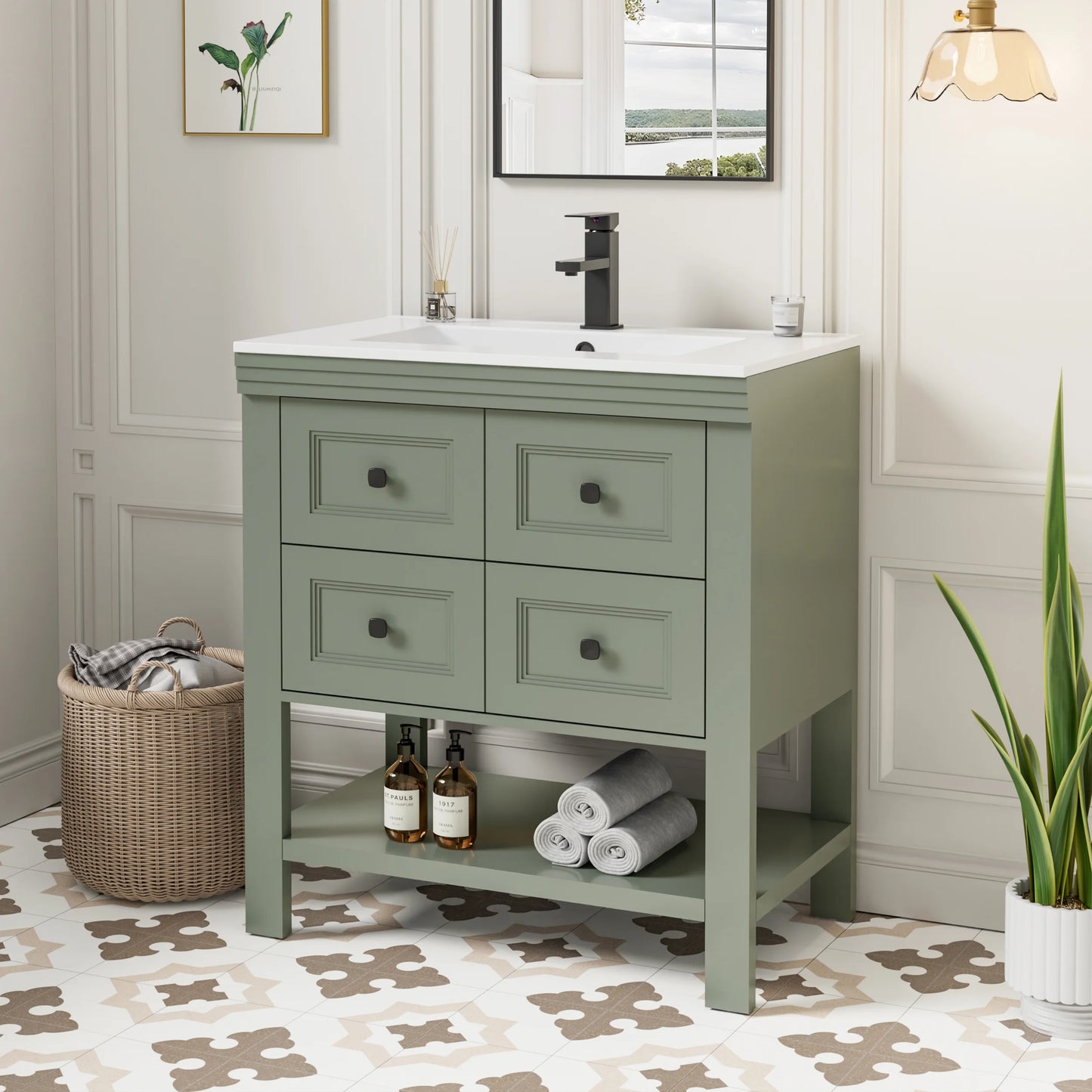 Eclife 30" Single Bathroom Vanity With Ceramic Sink Top, 2 Smooth Drawers, Faucet