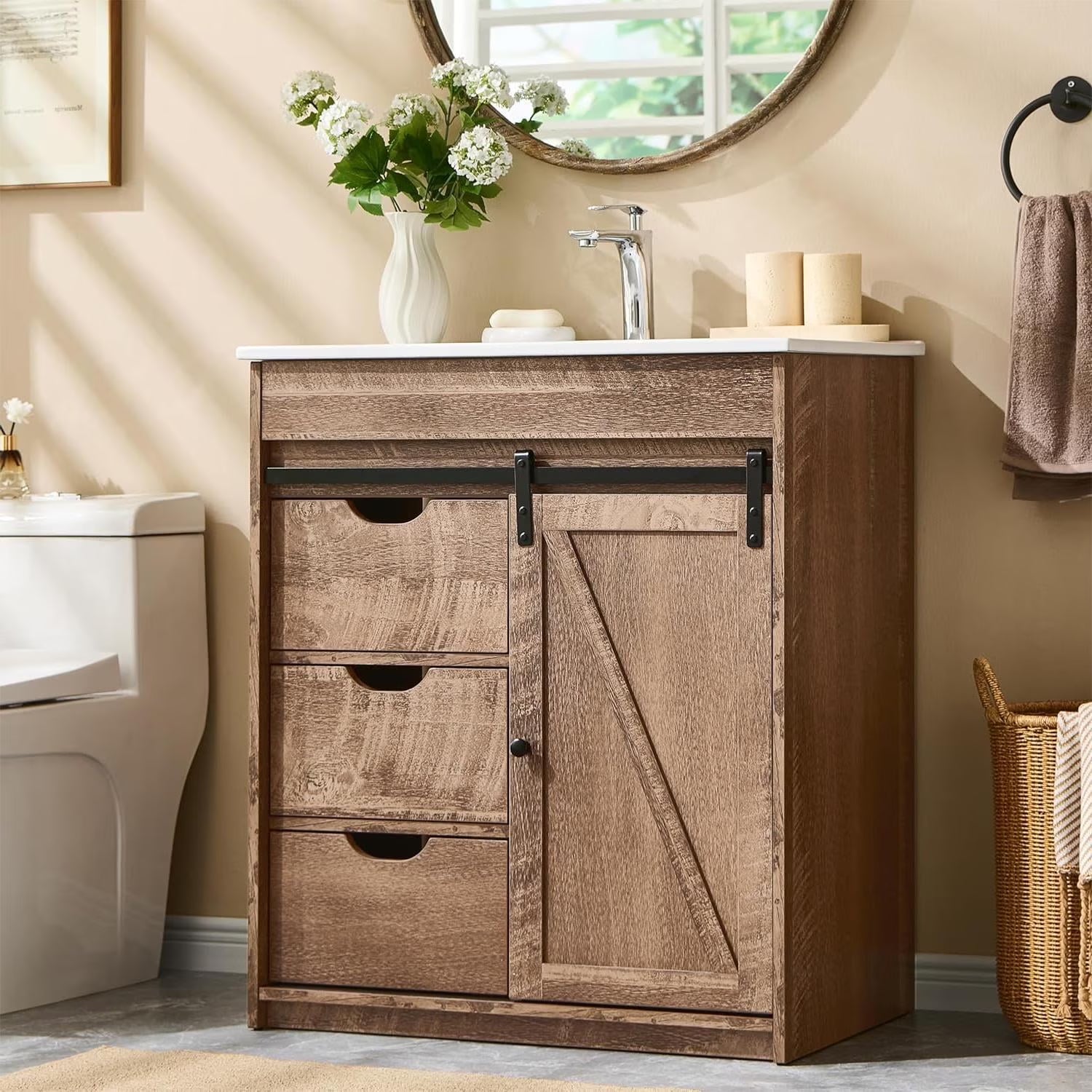 MIHOVER 30" Farmhouse Bathroom Vanity with Sink, Bathroom Dresser with 3 Drawers & Adjustable Shelves