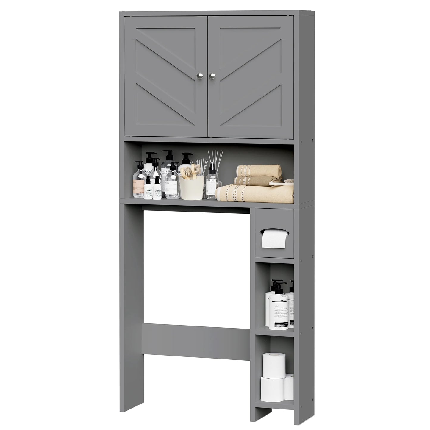 Walsunny Over the Toilet Storage Cabinet with Doors Side Storage Toilet Paper Holder Stand Space Saver Shelf Organizer Rack Freestanding for Restroom Bathroom Laundry Gray