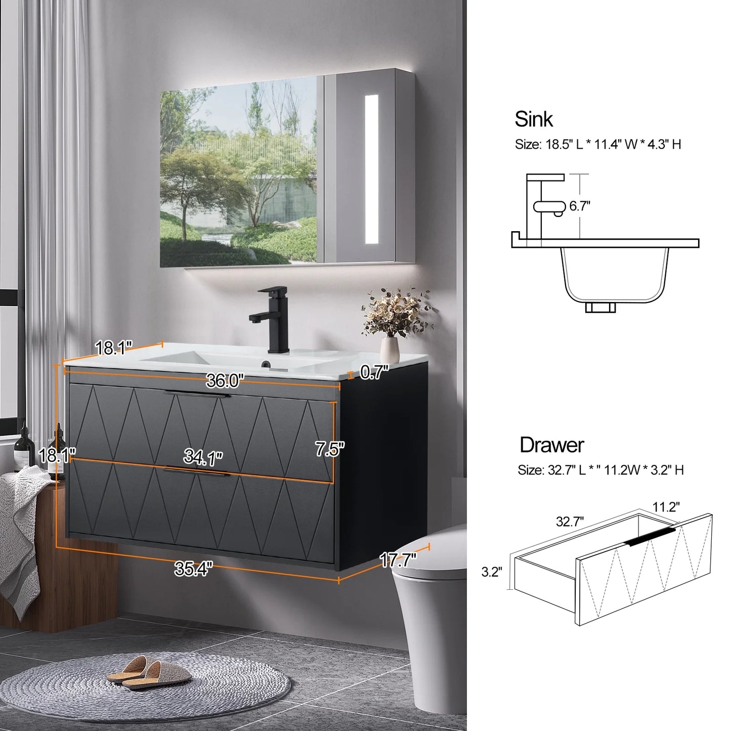 Eclife 36" Modern Bathroom Vanity Sink Combo with Ceramic Top, Faucet, Floating Cabinet