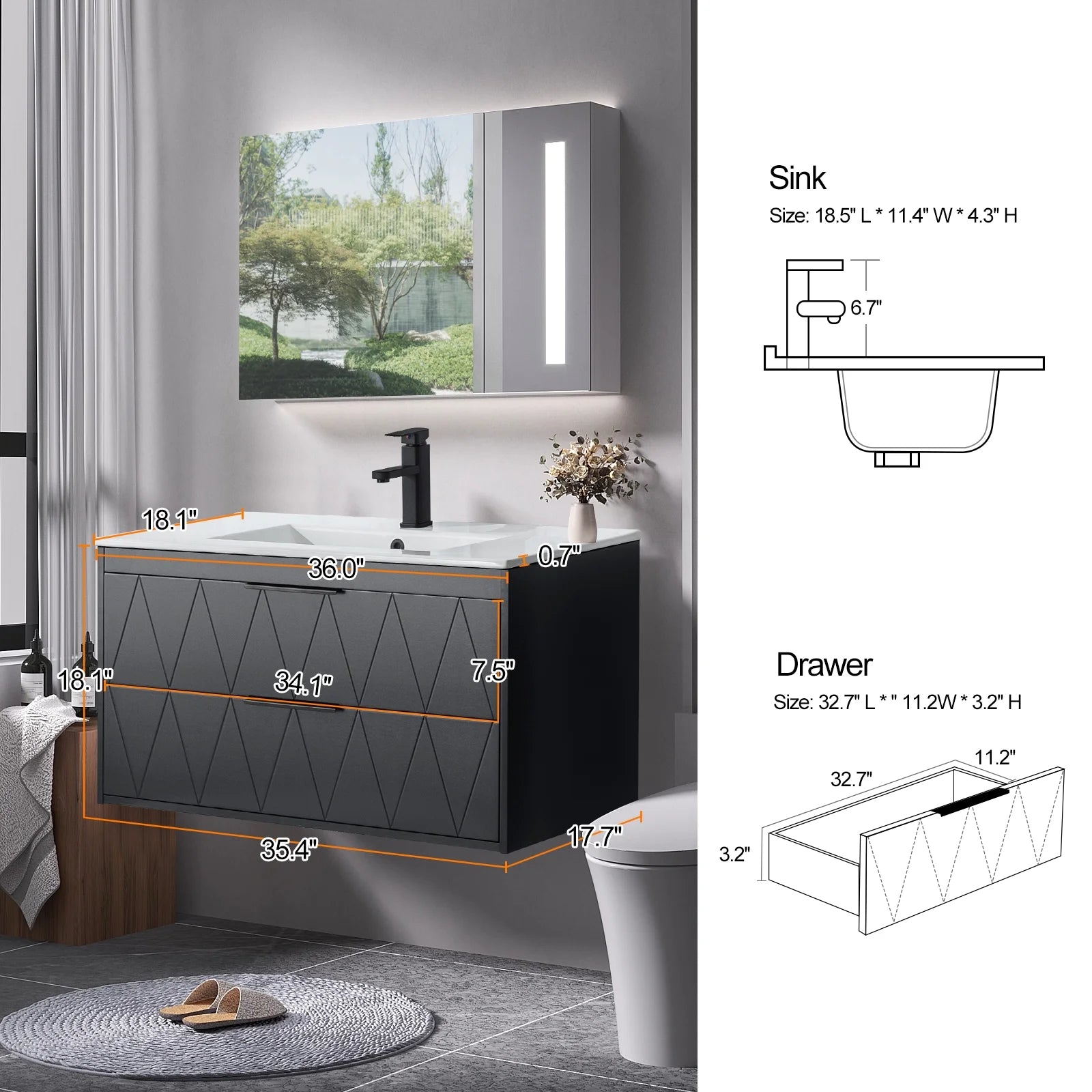 Eclife 36" Modern Bathroom Vanity Sink Combo with Ceramic Top, Faucet, Floating Cabinet