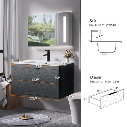 Eclife 36" Modern Bathroom Vanity Sink Combo with Ceramic Top, Faucet, Floating Cabinet