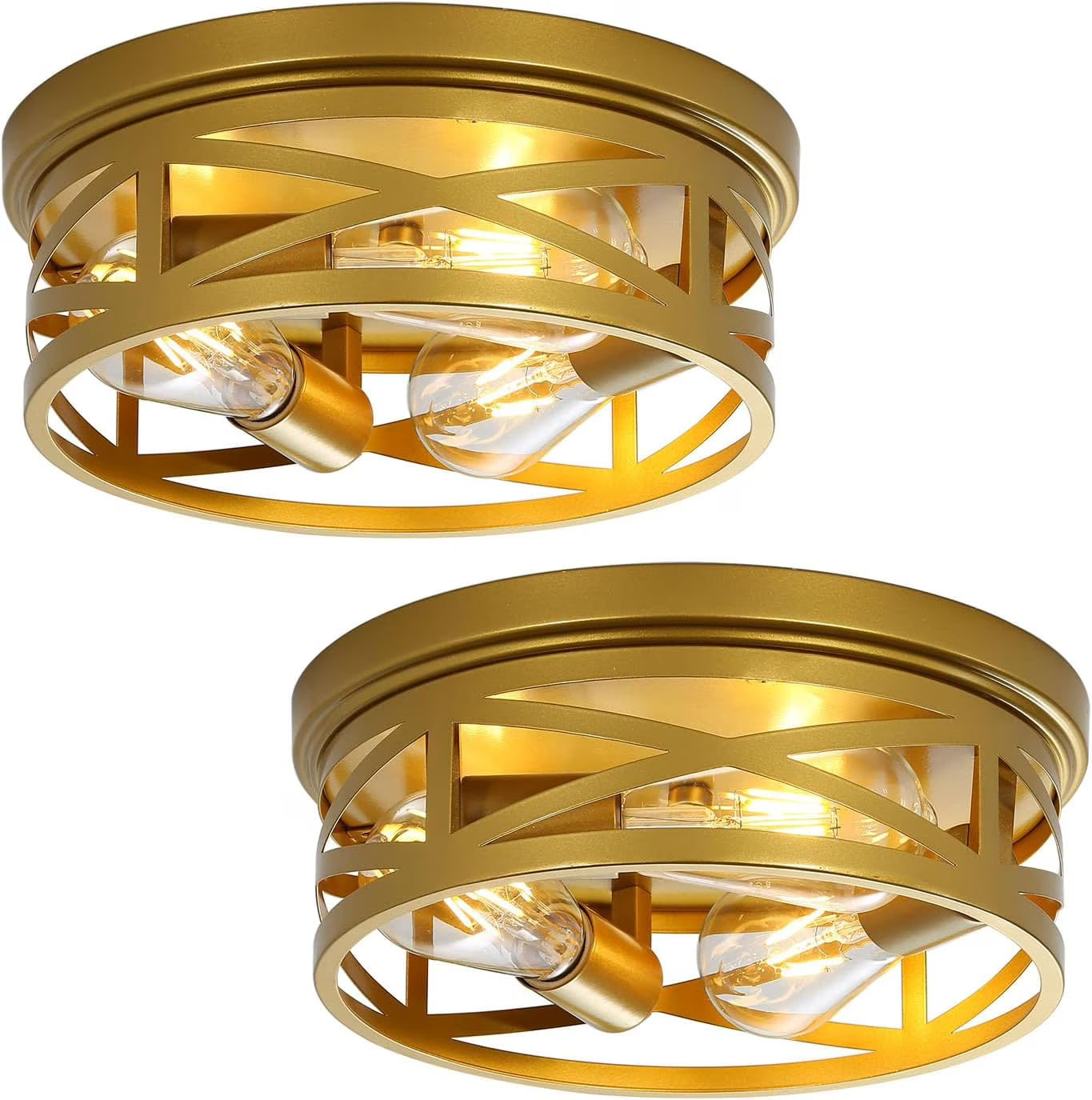 Gold Flush Mount Ceiling Light Fixture, 3-Lights Hallway Ceiling Lighting, Farmhouse Ceiling Mount Lights for Kitchen Entryway Bathroom - 2 Pack